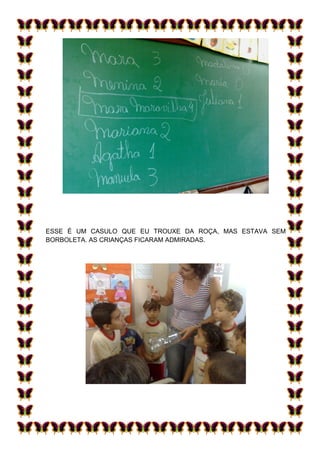 ESSE É UM CASULO QUE EU TROUXE DA ROÇA, MAS ESTAVA SEM
BORBOLETA. AS CRIANÇAS FICARAM ADMIRADAS.
 