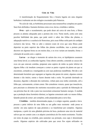 Ciclo de Vida

       A transformação da frequentemente feia e bizarra lagarta em uma elegante
borboleta é realmente um dos milagres executados pela Natureza.
       No ciclo de vida, as borboletas processam uma metamorfose completa em quatro
fases bem definidas e bastante distintas como ovos, larvas, crisálidas e adultas.
       Ovos - após o acasalamento, que pode durar até cerca de uma hora, a fêmea
procura as plantas adequadas para a postura dos ovos. Nesta tarefa, conta com uma
peculiar habilidade das patas, que pode sentir o sabor das folhas das plantas, a
adequação nutritiva e a ausência de fitotoxinas, pois essas folhas serão parte do cardápio
exclusivo das larvas. Não se sabe o número exato de ovos que uma fêmea pode
depositar na parte superior das folhas das plantas escolhidas, mas a postura pode
decorrer em algumas horas ou em muitos dias, e os ovos variam em tamanho, forma e
coloração de acordo com a espécie.
       Larvas – ao chegar o momento de saírem dos ovos, os lepidópteros assumem
uma forma larval, as conhecidas lagartas. Estas abrem caminho, comendo as cascas dos
ovos em que estavam contidas, preparam uma espécie de ninho na parte inferior de
alguma folha e de imediato começam a comer as partes vegetais da planta em que se
encontram, cortando-as e mastigando-as com suas poderosas mandíbulas. Devido a um
determinado hormônio que segregam as lagartas não param de comer, algumas comem
durante o dia inteiro, outras o fazem durante toda a noite. No período destinado ao
descanso, digestão e absorção dos nutrientes, voltam para esse ninho construído, sob a
folha que, curiosamente, evitam comer. São comedoras vorazes, quase que insaciáveis,
pois precisam se alimentar dos nutrientes necessários para o período de hibernação de
sua próxima fase de vida e para isso necessitam armazenar bastante energia. À medida
que a produção desse hormônio diminui, as lagartas consomem cada vez menos folhas.
Quando param de comer por completo, estão preparadas para a nova fase.
       Crisálidas – também denominadas pupas, é o estágio seguinte, quando a larva
procura a parte inferior de uma folha ou um galho mais resistente onde possa se
enrolar em uma espécie de capa protetora e se transformar por completo. Algumas
mariposas, a partir de uma glândula próxima da boca, produzem uma teia de material
salivar que em contato com o ar adquire consistência de fios muito resistentes. Tecidos
em torno da pupa ou crisálida, para aumentar sua proteção, essa capa é denominada
casulo. Algumas espécies são cultivadas para que esses fios sejam utilizados na
                                                                                        9
 