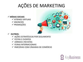 AÇÕES DE MARKETING
 OUTROS:
 AÇÕES ESTRATÉGICAS POR SEGUIMENTO
 FESTAS E EVENTOS
 JORNAIS E REVISTAS
 FEIRAS INTERNACIONAIS
 PARCERIAS COM CÂMARAS DE COMÉRCIO
 MÍDIAS SOCIAIS
 VITRINES VIRTUAIS
 ANÚNCIOS
 PROMOÇÕES
 