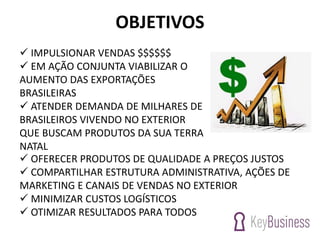 OBJETIVOS
 IMPULSIONAR VENDAS $$$$$$
 EM AÇÃO CONJUNTA VIABILIZAR O
AUMENTO DAS EXPORTAÇÕES
BRASILEIRAS
 ATENDER DEMANDA DE MILHARES DE
BRASILEIROS VIVENDO NO EXTERIOR
QUE BUSCAM PRODUTOS DA SUA TERRA
NATAL
 OFERECER PRODUTOS DE QUALIDADE A PREÇOS JUSTOS
 COMPARTILHAR ESTRUTURA ADMINISTRATIVA, AÇÕES DE
MARKETING E CANAIS DE VENDAS NO EXTERIOR
 MINIMIZAR CUSTOS LOGÍSTICOS
 OTIMIZAR RESULTADOS PARA TODOS
 