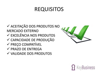REQUISITOS
 ACEITAÇÃO DOS PRODUTOS NO
MERCADO EXTERNO
 EXCELÊNCIA NOS PRODUTOS
 CAPACIDADE DE PRODUÇÃO
 PREÇO COMPATÍVEL
 PRAZO DE ENTREGA
 VALIDADE DOS PRODUTOS
 