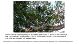 O arvorismo é uma das principais atividades de turismo de aventura no Amazonas,
que compreendem movimentos turísticos decorrentes da prática de atividades de
aventura recreativas e não-competitivas
http://portalamazonia.com/noticias-detalhe/editorias/conheca-esportes-praticados-em-contato-com-a-natureza-da-amazonia/?cHash=1c3a782ed280dfd941b7546938fba159
 