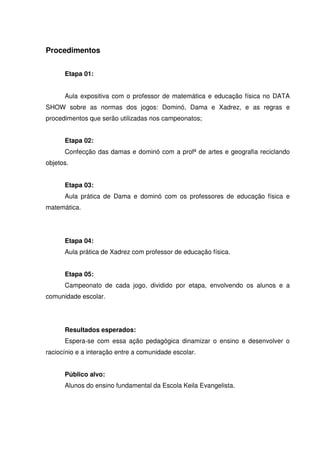 Procedimentos


      Etapa 01:


      Aula expositiva com o professor de matemática e educação física no DATA
SHOW sobre as normas dos jogos: Dominó, Dama e Xadrez, e as regras e
procedimentos que serão utilizadas nos campeonatos;


      Etapa 02:
      Confecção das damas e dominó com a profª de artes e geografia reciclando
objetos.


      Etapa 03:
      Aula prática de Dama e dominó com os professores de educação física e
matemática.




      Etapa 04:
      Aula prática de Xadrez com professor de educação física.


      Etapa 05:
      Campeonato de cada jogo, dividido por etapa, envolvendo os alunos e a
comunidade escolar.




      Resultados esperados:
      Espera-se com essa ação pedagógica dinamizar o ensino e desenvolver o
raciocínio e a interação entre a comunidade escolar.


      Público alvo:
      Alunos do ensino fundamental da Escola Keila Evangelista.
 