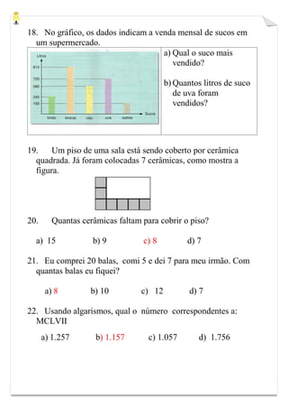 18. No gráfico, os dados indicam a venda mensal de sucos em
um supermercado.
a) Qual o suco mais
vendido?
b) Quantos litros de suco
de uva foram
vendidos?
19. Um piso de uma sala está sendo coberto por cerâmica
quadrada. Já foram colocadas 7 cerâmicas, como mostra a
figura.
20. Quantas cerâmicas faltam para cobrir o piso?
a) 15 b) 9 c) 8 d) 7
21. Eu comprei 20 balas, comi 5 e dei 7 para meu irmão. Com
quantas balas eu fiquei?
a) 8 b) 10 c) 12 d) 7
22. Usando algarismos, qual o número correspondentes a:
MCLVII
a) 1.257 b) 1.157 c) 1.057 d) 1.756
 