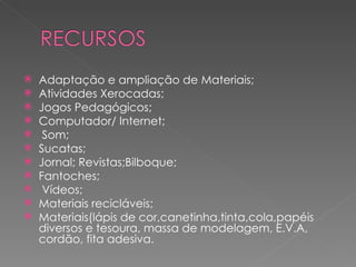    Adaptação e ampliação de Materiais;
   Atividades Xerocadas;
   Jogos Pedagógicos;
   Computador/ Internet;
    Som;
   Sucatas;
   Jornal; Revistas;Bilboque;
   Fantoches;
    Vídeos;
   Materiais recicláveis;
   Materiais(lápis de cor,canetinha,tinta,cola,papéis
    diversos e tesoura, massa de modelagem, E.V.A,
    cordão, fita adesiva.
 