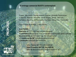 A entrega comercial BUSTV contemplará

PROPOSTA

Praças: São Paulo, Rio de Janeiro (Capital, Baixada Fluminense
e Niterói), Brasília, Salvador, Porto Alegre, Recife, São Luís,
Fortaleza, Goiânia, Florianópolis, Curitiba, Campinas e Sorocaba.
Quantidade de ônibus: 1.680 carros
CONTEÚDO
Abertura de 7,5” com logo do patrocinador
1 publieditorial por hora, com conteúdo customizado para o cliente
Encerramento de 7,5” com logo do patrocinador
+ 1 comercial de 30” colado no encerramento
+ produção completa do conteúdo
Valor Tabela NET R$ 1.024.490,00
Valor Proposto NET R$ 102.449,50
90% de desconto para compra exclusiva NET
1 inserção/hora x 17 horas/dia x n° de dias x n° de ônibus

 