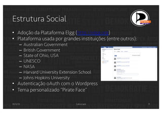 Estrutura Social
•  Adoção da Plataforma Elgg (http://elgg.org)
•  Plataforma usada por grandes instituições (entre outros):
–  Australian Government
–  British Government
–  State of Ohio, USA
–  UNESCO
–  NASA
–  Harvard University Extension School
–  Johns Hopkins University

•  Autenticação oAuth com o Wordpress
•  Tema personalizado “Pirate Face”
31/12/13

Calico Jack

11

 
