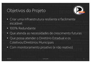 Objetivos do Projeto
•  Criar uma infraestrutura resiliente e facilmente
escalável
•  100% Redundante
•  Que atenda as necessidades de crescimento futuras
•  Que possa atender o Diretório Estadual e os
Coletivos/Diretórios Municipais
•  Com monitoramento proativo (e não reativo)
31/12/13

Calico Jack

3

 