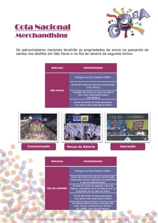 Cota Nacional
Merchandising

Os patrocinadores nacionais dividirão as propriedades de arena na passarela do
samba nos desfiles em São Paulo e no Rio de Janeiro da seguinte forma:




      Concentração                           Recuo da Bateria                                      Apuração




                                                                                                              11

      Central Globo de Marketing * Divisão de Desenvolvimento de Produtos * Tel.: (11) 5112-4838 * 01/12/08
 