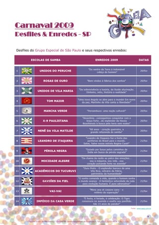 Carnaval 2009
Desfiles & Enredos - SP

Desfiles do Grupo Especial de São Paulo e seus respectivos enredos:




                                                                                                               Fonte: www.sasp.com.br




                                                                                                                                6

       Central Globo de Marketing * Divisão de Desenvolvimento de Produtos * Tel.: (11) 5112-4838 * 01/12/08
 