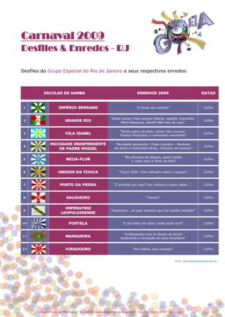 Carnaval 2009
Desfiles & Enredos - RJ

Desfiles do Grupo Especial do Rio de Janeiro e seus respectivos enredos:




                                                                                                       Fonte: www.ocarnavalcarioca.com.br




                                                                                                                                  7

        Central Globo de Marketing * Divisão de Desenvolvimento de Produtos * Tel.: (11) 5112-4838 * 01/12/08
 