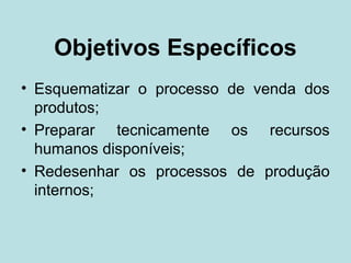 Objetivos Específicos
• Esquematizar o processo de venda dos
  produtos;
• Preparar tecnicamente os recursos
  humanos disponíveis;
• Redesenhar os processos de produção
  internos;
 