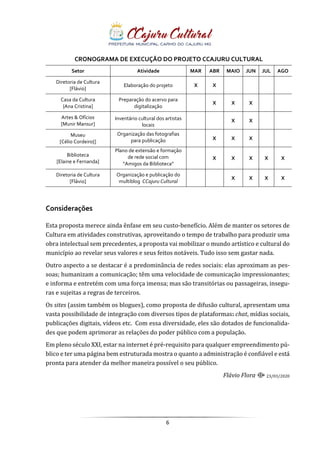 6
CRONOGRAMA DE EXECUÇÃO DO PROJETO CCAJURU CULTURAL
Setor Atividade MAR ABR MAIO JUN JUL AGO
Diretoria de Cultura
[Flávio]
Elaboração do projeto X X
Casa da Cultura
{Ana Cristina]
Preparação do acervo para
digitalização
X X X
Artes & Ofícios
[Munir Mansur]
Inventário cultural dos artistas
locais
X X
Museu
[Célio Cordeiro}]
Organização das fotografias
para publicação X X X
Biblioteca
[Elaine e Fernanda]
Plano de extensão e formação
de rede social com
“Amigos da Biblioteca”
X X X X X
Diretoria de Cultura
[Flávio]
Organização e publicação do
multiblog CCajuru Cultural
X X X X
Considerações
Esta proposta merece ainda ênfase em seu custo-benefício. Além de manter os setores de
Cultura em atividades construtivas, aproveitando o tempo de trabalho para produzir uma
obra intelectual sem precedentes, a proposta vai mobilizar o mundo artístico e cultural do
município ao revelar seus valores e seus feitos notáveis. Tudo isso sem gastar nada.
Outro aspecto a se destacar é a predominância de redes sociais: elas aproximam as pes-
soas; humanizam a comunicação; têm uma velocidade de comunicação impressionantes;
e informa e entretém com uma força imensa; mas são transitórias ou passageiras, insegu-
ras e sujeitas a regras de terceiros.
Os sites (assim também os blogues), como proposta de difusão cultural, apresentam uma
vasta possibilidade de integração com diversos tipos de plataformas: chat, mídias sociais,
publicações digitais, vídeos etc. Com essa diversidade, eles são dotados de funcionalida-
des que podem aprimorar as relações do poder público com a população.
Em pleno século XXI, estar na internet é pré-requisito para qualquer empreendimento pú-
blico e ter uma página bem estruturada mostra o quanto a administração é confiável e está
pronta para atender da melhor maneira possível o seu público.
Flávio Flora ⟴ 23/03/2020
 