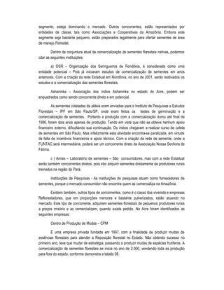 segmento, esteja dominando o mercado. Outros concorrentes, est‡o representados por
entidades de classe, tais como Associa†Œes e Cooperativas da AmazŽnia. Embora este
segmente seja bastante pequeno, est‡o preparados legalmente para ofertar sementes de „rea
de manejo Florestal.

         Dentro da conjuntura atual de comercializa†‡o de sementes florestais nativas, podemos
citar as seguintes institui†Œes:

        a) OSR – Organiza†‡o dos Seringueiros de RondŽnia, Š considerada como uma
entidade potencial – Pois j„ iniciaram estudos de comercializa†‡o de sementes em anos
anteriores. Com a cria†‡o da rede Estadual em RondŽnia, no ano de 2001, ser‡o reativados os
estudos e a comercializa†‡o das sementes florestais.

       Ashaninka – Associa†‡o dos •ndios Ashaninka no estado do Acre, podem ser
enquadrados como sendo concorrente direto e em potencial.

         As sementes coletadas da aldeia eram enviadas para o Instituto de Pesquisas e Estudos
Florestais – IPF em S‡o Paulo/SP, onde eram feitos os testes de germina†‡o e a
comercializa†‡o de sementes. Portanto a produ†‡o com a comercializa†‡o durou atŠ final de
1996, foram dois anos apenas de produ†‡o. Tendo em vista que n‡o se obteve nenhum apoio
financeiro externo, dificultando sua continua†‡o. Os •ndios chegaram a realizar curso de coleta
de sementes em S‡o Paulo. Mas infelizmente esta atividade encontra-se paralizada, em virtude
da falta de incentivos financeiros e apoio tŠcnico. Com a cria†‡o da rede de semente, onde a
FUNTAC ser„ intermedi„ria, poder„ ser um concorrente direto da Associa†‡o Nossa Senhora de
F„tima.

        c ) Aimex – Laborat‚rio de sementes – S‡o consumidores, mas com a rede Estadual
ser‡o tambŠm concorrentes diretos, pois ir‡o adquirir sementes diretamente de produtores rurais
treinados na regi‡o do Par„.

       Institui†Œes de Pesquisas - As institui†Œes de pesquisas atuam como fornecedores de
sementes, porque o mercado consumidor n‡o encontra quem as comercializa na AmazŽnia.

        Existem tambŠm, outros tipos de concorrentes, como Š o casso dos viverista e empresas
Reflorestadoras, que em propor†Œes menores e bastante pulverizados, est‡o atuando no
mercado. Este tipo de concorrente, adquirem sementes florestais de pequenos produtores rurais
a pre†os irris‚rio e as comercializam, quando existe pedido. No Acre foram identificados as
seguintes empresas:

       Centro de Produ†‡o de Mudas – CPM

        ‰ uma empresa privada fundada em 1997, com a finalidade de produzir mudas de
essƒncias florestais para atender a Reposi†‡o florestal no Estado. N‡o obtendo sucesso no
primeiro ano, teve que mudar de estratŠgia, passando a produzir mudas de espŠcies frut•feras. A
comercializa†‡o de sementes florestais se inicia no ano de 2.000, vendendo toda as produ†‡o
para fora do estado, conforme demonstra a tabela 08.
 