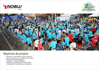 .com.br

Objetivos do projeto
•
•
•
•
•

Promover a marca RNI por meio do esporte;
Gerar o bem-estar e os cuidados com a saúde;
Divulgar do empreendimento;
Ação social - Instituto Rodobens;
Ampliar a aproximação com a comunidade
e sociedade em casa ciddae participanetes.

Circuito Vida

 