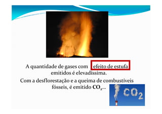 A quantidade de gases com efeito de estufa
emitidos é elevadíssima.
Com a desflorestação e a queima de combustíveis
fósseis, é emitido CO2…
 