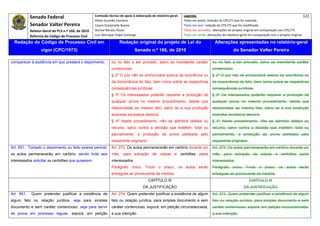 Senado Federal                            Comissão técnica de apoio à elaboração do relatório‐geral:    Legenda:                                                                            122 
                                                        Athos Gusmão Carneiro                                         Texto em preto: redação do CPC/73 que foi mantida. 
              Senador Valter Pereira                    Cassio Scarpinella Bueno                                      Texto em azul: redação do CPC/73 que foi modificada. 
              Relator‐Geral do PLS n.º 166, de 2010     Dorival Renato Pavan                                          Texto em vermelho: alterações do projeto original em comparação com CPC/73. 
              Reforma do Código de Processo Civil       Luiz Henrique Volpe Camargo                                   Texto em verde: alterações do relatório‐geral em comparação com o projeto original. 

    Redação do Código de Processo Civil em                               Redação original do projeto de Lei do                             Alterações apresentadas no relatório-geral
                     vigor (CPC/1973)                                              Senado n.º 166, de 2010                                              do Senador Valter Pereira
 




comparecer à audiência em que prestará o depoimento.               ou no fato a ser provado, salvo se inexistente caráter                ou no fato a ser provado, salvo se inexistente caráter
                                                                   contencioso.                                                          contencioso.
                                                                   § 2º O juiz não se pronunciará acerca da ocorrência ou                § 2º O juiz não se pronunciará acerca da ocorrência ou
                                                                   da inocorrência do fato, bem como sobre as respectivas                da inocorrência do fato, bem como sobre as respectivas
                                                                   consequências jurídicas.                                              consequências jurídicas.
                                                                   § 3º Os interessados poderão requerer a produção de                   § 3º Os interessados poderão requerer a produção de
                                                                   qualquer prova no mesmo procedimento, desde que                       qualquer prova no mesmo procedimento, desde que
                                                                   relacionadas ao mesmo fato, salvo se a sua produção                   relacionadas ao mesmo fato, salvo se a sua produção
                                                                   acarretar excessiva demora.                                           acarretar excessiva demora.
                                                                   § 4º Neste procedimento, não se admitirá defesa ou                    § 4º Neste procedimento, não se admitirá defesa ou
                                                                   recurso, salvo contra a decisão que indeferir, total ou               recurso, salvo contra a decisão que indeferir, total ou
                                                                   parcialmente, a produção da prova pleiteada pelo                      parcialmente, a produção da prova pleiteada pelo
                                                                   requerente originário.                                                requerente originário.
Art. 851. Tomado o depoimento ou feito exame pericial,             Art. 273. Os autos permanecerão em cartório durante um                Art. 273. Os autos permanecerão em cartório durante um
os autos permanecerão em cartório, sendo lícito aos                mês, para extração de cópias e certidões pelos                        mês, para extração de cópias e certidões pelos
interessados solicitar as certidões que quiserem.                  interessados.                                                         interessados.
                                                                   Parágrafo único. Findo o prazo, os autos serão                        Parágrafo único. Findo o prazo, os autos serão
                                                                   entregues ao promovente da medida.                                    entregues ao promovente da medida.
                                                                                             CAPÍTULO III                                                          CAPÍTULO III
                                                                                         DA JUSTIFICAÇÃO                                                       DA JUSTIFICAÇÃO
Art. 861.      Quem pretender justificar a existência de           Art. 274. Quem pretender justificar a existência de algum             Art. 274. Quem pretender justificar a existência de algum
algum fato ou relação jurídica, seja para simples                  fato ou relação jurídica, para simples documento e sem                fato ou relação jurídica, para simples documento e sem
documento e sem caráter contencioso, seja para servir              caráter contencioso, exporá, em petição circunstanciada,              caráter contencioso, exporá, em petição circunstanciada,
de prova em processo regular, exporá, em petição                   a sua intenção.                                                       a sua intenção.
 