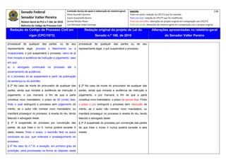 Senado Federal                            Comissão técnica de apoio à elaboração do relatório‐geral:    Legenda:                                                                            136 
                                                      Athos Gusmão Carneiro                                         Texto em preto: redação do CPC/73 que foi mantida. 
            Senador Valter Pereira                    Cassio Scarpinella Bueno                                      Texto em azul: redação do CPC/73 que foi modificada. 
            Relator‐Geral do PLS n.º 166, de 2010     Dorival Renato Pavan                                          Texto em vermelho: alterações do projeto original em comparação com CPC/73. 
            Reforma do Código de Processo Civil       Luiz Henrique Volpe Camargo                                   Texto em verde: alterações do relatório‐geral em comparação com o projeto original. 

     Redação do Código de Processo Civil em                            Redação original do projeto de Lei do                             Alterações apresentadas no relatório-geral
                   vigor (CPC/1973)                                              Senado n.º 166, de 2010                                              do Senador Valter Pereira
 




processual de      qualquer    das   partes,   ou     de     seu   processual    de    qualquer     das    partes    ou   de    seu
representante legal, provado o falecimento ou a                    representante legal, o juiz suspenderá o processo.
incapacidade, o juiz suspenderá o processo, salvo se já
tiver iniciado a audiência de instrução e julgamento; caso
em que:
a)    o   advogado    continuará     no   processo     até    o
encerramento da audiência;
b) o processo só se suspenderá a partir da publicação
da sentença ou do acórdão.
§ 2º No caso de morte do procurador de qualquer das                § 2º No caso de morte do procurador de qualquer das
partes, ainda que iniciada a audiência de instrução e              partes, ainda que iniciada a audiência de instrução e
julgamento, o juiz marcará, a fim de que a parte                   julgamento, o juiz marcará, a fim de que a parte
constitua novo mandatário, o prazo de 20 (vinte) dias,             constitua novo mandatário, o prazo de quinze dias. Findo
findo o qual extinguirá o processo sem julgamento do               o prazo o juiz extinguirá o processo sem resolução de
mérito, se o autor não nomear novo mandatário, ou                  mérito, se o autor não nomear novo mandatário, ou
mandará prosseguir no processo, à revelia do réu, tendo            mandará prosseguir no processo à revelia do réu, tendo
falecido o advogado deste.                                         falecido o advogado deste.
§ 3º A suspensão do processo por convenção das                     § 3º A suspensão do processo por convenção das partes
partes, de que trata o no Il, nunca poderá exceder 6               de que trata o inciso Il nunca poderá exceder a seis
(seis) meses; findo o prazo, o escrivão fará os autos              meses.
conclusos ao juiz, que ordenará o prosseguimento do
processo.
§ 4º No caso do n.º III, a exceção, em primeiro grau da
jurisdição, será processada na forma do disposto neste
 