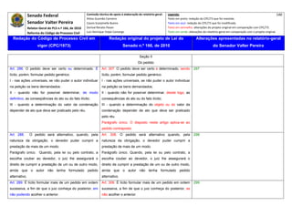 Senado Federal                         Comissão técnica de apoio à elaboração do relatório‐geral:    Legenda:                                                                            140 
                                                      Athos Gusmão Carneiro                                         Texto em preto: redação do CPC/73 que foi mantida. 
               Senador Valter Pereira                 Cassio Scarpinella Bueno                                      Texto em azul: redação do CPC/73 que foi modificada. 
            Relator‐Geral do PLS n.º 166, de 2010     Dorival Renato Pavan                                          Texto em vermelho: alterações do projeto original em comparação com CPC/73. 
               Reforma do Código de Processo Civil    Luiz Henrique Volpe Camargo                                   Texto em verde: alterações do relatório‐geral em comparação com o projeto original. 

    Redação do Código de Processo Civil em                             Redação original do projeto de Lei do                             Alterações apresentadas no relatório-geral
                     vigor (CPC/1973)                                            Senado n.º 166, de 2010                                              do Senador Valter Pereira
 




                                                                                              Seção II
                                                                                             Do pedido
Art. 286. O pedido deve ser certo ou determinado. É              Art. 307. O pedido deve ser certo e determinado, sendo                297
lícito, porém, formular pedido genérico:                         lícito, porém, formular pedido genérico:
I - nas ações universais, se não puder o autor individuar        I - nas ações universais, se não puder o autor individuar
na petição os bens demandados:                                   na petição os bens demandados;
II - quando não for possível determinar, de modo                 II - quando não for possível determinar, desde logo, as
definitivo, as conseqüências do ato ou do fato ilícito;          consequências do ato ou do fato ilícito;
III - quando a determinação do valor da condenação               III - quando a determinação do objeto ou do valor da
depender de ato que deva ser praticado pelo réu.                 condenação depender de ato que deva ser praticado
                                                                 pelo réu.
                                                                 Parágrafo único. O disposto neste artigo aplica-se ao
                                                                 pedido contraposto.
Art. 288.       O pedido será alternativo, quando, pela          Art. 308. O pedido será alternativo quando, pela                      298
natureza da obrigação, o devedor puder cumprir a                 natureza da obrigação, o devedor puder cumprir a
prestação de mais de um modo.                                    prestação de mais de um modo.
Parágrafo único. Quando, pela lei ou pelo contrato, a            Parágrafo único. Quando, pela lei ou pelo contrato, a
escolha couber ao devedor, o juiz lhe assegurará o               escolha couber ao devedor, o juiz lhe assegurará o
direito de cumprir a prestação de um ou de outro modo,           direito de cumprir a prestação de um ou de outro modo,
ainda que o autor não tenha formulado pedido                     ainda que o autor não tenha formulado pedido
alternativo.                                                     alternativo.
Art. 289. É lícito formular mais de um pedido em ordem           Art. 309. É lícito formular mais de um pedido em ordem                299
sucessiva, a fim de que o juiz conheça do posterior, em          sucessiva, a fim de que o juiz conheça do posterior, se
não podendo acolher o anterior.                                  não acolher o anterior.
 