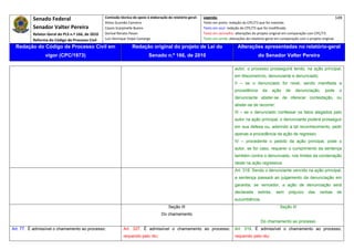 Senado Federal                            Comissão técnica de apoio à elaboração do relatório‐geral:    Legenda:                                                                            149 
                                                     Athos Gusmão Carneiro                                         Texto em preto: redação do CPC/73 que foi mantida. 
           Senador Valter Pereira                    Cassio Scarpinella Bueno                                      Texto em azul: redação do CPC/73 que foi modificada. 
           Relator‐Geral do PLS n.º 166, de 2010     Dorival Renato Pavan                                          Texto em vermelho: alterações do projeto original em comparação com CPC/73. 
           Reforma do Código de Processo Civil       Luiz Henrique Volpe Camargo                                   Texto em verde: alterações do relatório‐geral em comparação com o projeto original. 

    Redação do Código de Processo Civil em                            Redação original do projeto de Lei do                             Alterações apresentadas no relatório-geral
                  vigor (CPC/1973)                                              Senado n.º 166, de 2010                                              do Senador Valter Pereira
 




                                                                                                                                      autor, o processo prosseguirá tendo, na ação principal,
                                                                                                                                      em litisconsórcio, denunciante e denunciado;
                                                                                                                                      II – se o denunciado for revel, sendo manifesta a
                                                                                                                                      procedência       da      ação   de   denunciação,       pode     o
                                                                                                                                      denunciante abster-se de oferecer contestação, ou
                                                                                                                                      abster-se de recorrer;
                                                                                                                                      III – se o denunciado confessar os fatos alegados pelo
                                                                                                                                      autor na ação principal, o denunciante poderá prosseguir
                                                                                                                                      em sua defesa ou, aderindo a tal reconhecimento, pedir
                                                                                                                                      apenas a procedência da ação de regresso;
                                                                                                                                      IV – procedente o pedido da ação principal, pode o
                                                                                                                                      autor, se for caso, requerer o cumprimento da sentença
                                                                                                                                      também contra o denunciado, nos limites da condenação
                                                                                                                                      deste na ação regressiva.
                                                                                                                                      Art. 318. Sendo o denunciante vencido na ação principal,
                                                                                                                                      a sentença passará ao julgamento da denunciação em
                                                                                                                                      garantia; se vencedor, a ação de denunciação será
                                                                                                                                      declarada      extinta,    sem    prejuízo     das    verbas     de
                                                                                                                                      sucumbência.
                                                                                             Seção III                                                             Seção III
                                                                                        Do chamamento
                                                                                                                                                       Do chamamento ao processo
Art. 77. É admissível o chamamento ao processo:                 Art. 327. É admissível o chamamento ao processo,                      Art. 319. É admissível o chamamento ao processo,
                                                                requerido pelo réu:                                                   requerido pelo réu:
 