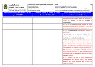 Senado Federal                            Comissão técnica de apoio à elaboração do relatório‐geral:    Legenda:                                                                            168 
                                                     Athos Gusmão Carneiro                                         Texto em preto: redação do CPC/73 que foi mantida. 
           Senador Valter Pereira                    Cassio Scarpinella Bueno                                      Texto em azul: redação do CPC/73 que foi modificada. 
           Relator‐Geral do PLS n.º 166, de 2010     Dorival Renato Pavan                                          Texto em vermelho: alterações do projeto original em comparação com CPC/73. 
           Reforma do Código de Processo Civil       Luiz Henrique Volpe Camargo                                   Texto em verde: alterações do relatório‐geral em comparação com o projeto original. 

    Redação do Código de Processo Civil em                            Redação original do projeto de Lei do                             Alterações apresentadas no relatório-geral
                  vigor (CPC/1973)                                              Senado n.º 166, de 2010                                              do Senador Valter Pereira
 




                                                                                                                                      independentemente do sujeito que a tiver promovido, e
                                                                                                                                      indicará     na   sentença      as    que    lhe    formaram      o
                                                                                                                                      convencimento.
                                                                                                                                      Art. 356. O juiz poderá admitir a utilização de prova
                                                                                                                                      produzida em outro processo, atribuindo-lhe o valor que
                                                                                                                                      considerar adequado, observado o contraditório.
                                                                                                                                      Art. 357. O ônus da prova, ressalvados os poderes do
                                                                                                                                      juiz, incumbe:
                                                                                                                                      I - ao autor, quanto ao fato constitutivo do seu direito;
                                                                                                                                      II - ao réu, quanto à existência de fato impeditivo,
                                                                                                                                      modificativo ou extintivo do direito do autor.
                                                                                                                                      Art. 358. Considerando as circunstâncias da causa e as
                                                                                                                                      peculiaridades do fato a ser provado, o juiz poderá, em
                                                                                                                                      decisão     fundamentada,        observado      o   contraditório,
                                                                                                                                      distribuir de modo diverso o ônus da prova, impondo-o à
                                                                                                                                      parte que estiver em melhores condições de produzi-la.
                                                                                                                                      § 1º Sempre que o juiz distribuir o ônus da prova de
                                                                                                                                      modo diverso do disposto no art. 357, deverá dar à parte
                                                                                                                                      oportunidade para o desempenho adequado do ônus
                                                                                                                                      que lhe foi atribuído.
                                                                                                                                      § 2º A inversão do ônus da prova, determinada
                                                                                                                                      expressamente        por    decisão     judicial,   não    implica
                                                                                                                                      alteração das regras referentes aos encargos da
                                                                                                                                      respectiva produção.
 