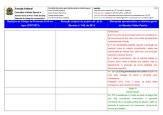 Senado Federal                            Comissão técnica de apoio à elaboração do relatório‐geral:    Legenda:                                                                            172 
                                                     Athos Gusmão Carneiro                                         Texto em preto: redação do CPC/73 que foi mantida. 
           Senador Valter Pereira                    Cassio Scarpinella Bueno                                      Texto em azul: redação do CPC/73 que foi modificada. 
           Relator‐Geral do PLS n.º 166, de 2010     Dorival Renato Pavan                                          Texto em vermelho: alterações do projeto original em comparação com CPC/73. 
           Reforma do Código de Processo Civil       Luiz Henrique Volpe Camargo                                   Texto em verde: alterações do relatório‐geral em comparação com o projeto original. 

    Redação do Código de Processo Civil em                            Redação original do projeto de Lei do                             Alterações apresentadas no relatório-geral
                  vigor (CPC/1973)                                              Senado n.º 166, de 2010                                              do Senador Valter Pereira
 




                                                                                                                                      contencioso.
                                                                                                                                      § 2º O juiz não se pronunciará acerca da ocorrência ou
                                                                                                                                      da inocorrência do fato, bem como sobre as respectivas
                                                                                                                                      consequências jurídicas.
                                                                                                                                      § 3º Os interessados poderão requerer a produção de
                                                                                                                                      qualquer prova no mesmo procedimento, desde que
                                                                                                                                      relacionadas ao mesmo fato, salvo se a sua produção
                                                                                                                                      acarretar excessiva demora.
                                                                                                                                      § 4º Neste procedimento, não se admitirá defesa ou
                                                                                                                                      recurso, salvo contra a decisão que indeferir, total ou
                                                                                                                                      parcialmente, a produção da prova pleiteada pelo
                                                                                                                                      requerente originário.
                                                                                                                                      Art. 369. Os autos permanecerão em cartório durante um
                                                                                                                                      mês, para extração de cópias e certidões pelos
                                                                                                                                      interessados.
                                                                                                                                      Parágrafo único. Findo o prazo, os autos serão
                                                                                                                                      entregues ao promovente da medida.
                                                                                                                                                                   Seção III
                                                                                                                                                               Da ata notarial
                                                                                                                                      Art. 370. A existência e o modo de existir de algum fato
                                                                                                                                      que     seja    considerado      controvertido     e    apresente
                                                                                                                                      relevância para a situação jurídica de alguém, pode ser
                                                                                                                                      atestada, a requerimento do interessado, mediante ata
                                                                                                                                      lavrada por tabelião.
 