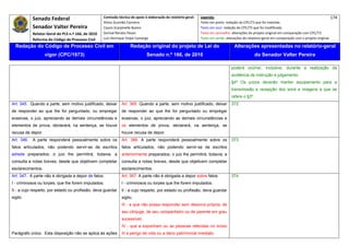 Senado Federal                            Comissão técnica de apoio à elaboração do relatório‐geral:    Legenda:                                                                            174 
                                                        Athos Gusmão Carneiro                                         Texto em preto: redação do CPC/73 que foi mantida. 
              Senador Valter Pereira                    Cassio Scarpinella Bueno                                      Texto em azul: redação do CPC/73 que foi modificada. 
              Relator‐Geral do PLS n.º 166, de 2010     Dorival Renato Pavan                                          Texto em vermelho: alterações do projeto original em comparação com CPC/73. 
              Reforma do Código de Processo Civil       Luiz Henrique Volpe Camargo                                   Texto em verde: alterações do relatório‐geral em comparação com o projeto original. 

    Redação do Código de Processo Civil em                               Redação original do projeto de Lei do                             Alterações apresentadas no relatório-geral
                     vigor (CPC/1973)                                              Senado n.º 166, de 2010                                               do Senador Valter Pereira
 




                                                                                                                                         poderá ocorrer, inclusive, durante a realização da
                                                                                                                                         audiência de instrução e julgamento.
                                                                                                                                         §4º Os juízos deverão manter equipamento para a
                                                                                                                                         transmissão e recepção dos sons e imagens a que se
                                                                                                                                         refere o §3º.
Art. 345. Quando a parte, sem motivo justificado, deixar           Art. 365. Quando a parte, sem motivo justificado, deixar              372
de responder ao que lhe for perguntado, ou empregar                de responder ao que lhe for perguntado ou empregar
evasivas, o juiz, apreciando as demais circunstâncias e            evasivas, o juiz, apreciando as demais circunstâncias e
elementos de prova, declarará, na sentença, se houve               os elementos de prova, declarará, na sentença, se
recusa de depor.                                                   houve recusa de depor.
Art. 346.     A parte responderá pessoalmente sobre os             Art. 366. A parte responderá pessoalmente sobre os                    373
fatos articulados, não podendo servir-se de escritos               fatos articulados, não podendo servir-se de escritos
adrede preparados; o juiz lhe permitirá, todavia, a                anteriormente preparados; o juiz lhe permitirá, todavia, a
consulta a notas breves, desde que objetivem completar             consulta a notas breves, desde que objetivem completar
esclarecimentos.                                                   esclarecimentos.
Art. 347. A parte não é obrigada a depor de fatos:                 Art. 367. A parte não é obrigada a depor sobre fatos:                 374
I - criminosos ou torpes, que lhe forem imputados;                 I - criminosos ou torpes que lhe forem imputados;
II - a cujo respeito, por estado ou profissão, deva guardar        II - a cujo respeito, por estado ou profissão, deva guardar
sigilo.                                                            sigilo;
                                                                   III - a que não possa responder sem desonra própria, de
                                                                   seu cônjuge, de seu companheiro ou de parente em grau
                                                                   sucessível;
                                                                   IV - que a exponham ou as pessoas referidas no inciso
Parágrafo único. Esta disposição não se aplica às ações            III a perigo de vida ou a dano patrimonial imediato.
 