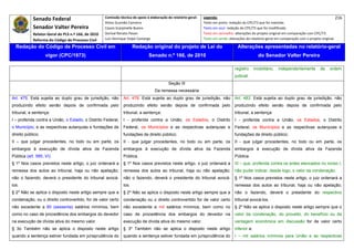 Senado Federal                            Comissão técnica de apoio à elaboração do relatório‐geral:    Legenda:                                                                            216 
                                                      Athos Gusmão Carneiro                                         Texto em preto: redação do CPC/73 que foi mantida. 
            Senador Valter Pereira                    Cassio Scarpinella Bueno                                      Texto em azul: redação do CPC/73 que foi modificada. 
            Relator‐Geral do PLS n.º 166, de 2010     Dorival Renato Pavan                                          Texto em vermelho: alterações do projeto original em comparação com CPC/73. 
            Reforma do Código de Processo Civil       Luiz Henrique Volpe Camargo                                   Texto em verde: alterações do relatório‐geral em comparação com o projeto original. 

    Redação do Código de Processo Civil em                              Redação original do projeto de Lei do                            Alterações apresentadas no relatório-geral
                   vigor (CPC/1973)                                              Senado n.º 166, de 2010                                               do Senador Valter Pereira
 




                                                                                                                                       registro      imobiliário,   independentemente        de    ordem
                                                                                                                                       judicial.
                                                                                              Seção III
                                                                                     Da remessa necessária
Art. 475. Está sujeita ao duplo grau de jurisdição, não          Art. 478. Está sujeita ao duplo grau de jurisdição, não               Art. 483. Está sujeita ao duplo grau de jurisdição, não
produzindo efeito senão depois de confirmada pelo                produzindo efeito senão depois de confirmada pelo                     produzindo efeito senão depois de confirmada pelo
tribunal, a sentença:                                            tribunal, a sentença:                                                 tribunal, a sentença:
I – proferida contra a União, o Estado, o Distrito Federal,      I - proferida contra a União, os Estados, o Distrito                  I - proferida contra a União, os Estados, o Distrito
o Município, e as respectivas autarquias e fundações de          Federal, os Municípios e as respectivas autarquias e                  Federal, os Municípios e as respectivas autarquias e
direito público;                                                 fundações de direito público;                                         fundações de direito público;
II – que julgar procedentes, no todo ou em parte, os             II - que julgar procedentes, no todo ou em parte, os                  II - que julgar procedentes, no todo ou em parte, os
embargos à execução de dívida ativa da Fazenda                   embargos à execução de dívida ativa da Fazenda                        embargos à execução de dívida ativa da Fazenda
Pública (art. 585, VI).                                          Pública.                                                              Pública.
§ 1º Nos casos previstos neste artigo, o juiz ordenará a         § 1º Nos casos previstos neste artigo, o juiz ordenará a              III – que, proferida contra os entes elencados no inciso I,
remessa dos autos ao tribunal, haja ou não apelação;             remessa dos autos ao tribunal, haja ou não apelação;                  não puder indicar, desde logo, o valor da condenação.
não o fazendo, deverá o presidente do tribunal avocá-            não o fazendo, deverá o presidente do tribunal avocá-                 § 1º Nos casos previstos neste artigo, o juiz ordenará a
los.                                                             los.                                                                  remessa dos autos ao tribunal, haja ou não apelação;
§ 2º Não se aplica o disposto neste artigo sempre que a          § 2º Não se aplica o disposto neste artigo sempre que a               não o fazendo, deverá o presidente do respectivo
condenação, ou o direito controvertido, for de valor certo       condenação ou o direito controvertido for de valor certo              tribunal avocá-los.
não excedente a 60 (sessenta) salários mínimos, bem              não excedente a mil salários mínimos, bem como no                     § 2º Não se aplica o disposto neste artigo sempre que o
como no caso de procedência dos embargos do devedor              caso de procedência dos embargos do devedor na                        valor da condenação, do proveito, do benefício ou da
na execução de dívida ativa do mesmo valor.                      execução de dívida ativa do mesmo valor.                              vantagem econômica em discussão for de valor certo
§ 3o Também não se aplica o disposto neste artigo                § 3º Também não se aplica o disposto neste artigo                     inferior a:
quando a sentença estiver fundada em jurisprudência do           quando a sentença estiver fundada em jurisprudência do                I – mil salários mínimos para União e as respectivas
 