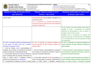 Senado Federal                            Comissão técnica de apoio à elaboração do relatório‐geral:    Legenda:                                                                            224 
                                                     Athos Gusmão Carneiro                                         Texto em preto: redação do CPC/73 que foi mantida. 
           Senador Valter Pereira                    Cassio Scarpinella Bueno                                      Texto em azul: redação do CPC/73 que foi modificada. 
           Relator‐Geral do PLS n.º 166, de 2010     Dorival Renato Pavan                                          Texto em vermelho: alterações do projeto original em comparação com CPC/73. 
           Reforma do Código de Processo Civil       Luiz Henrique Volpe Camargo                                   Texto em verde: alterações do relatório‐geral em comparação com o projeto original. 

    Redação do Código de Processo Civil em                            Redação original do projeto de Lei do                             Alterações apresentadas no relatório-geral
                  vigor (CPC/1973)                                              Senado n.º 166, de 2010                                              do Senador Valter Pereira
 




ocorreu o termo                                                 de demonstração de que se realizou a condição ou de
                                                                que ocorreu o termo.
                                                                § 5º O cumprimento da sentença não poderá ser
                                                                promovido em face do fiador que não houver participado
                                                                da fase de conhecimento.
                                                                                                                                      Art. 501. Quando o juiz decidir relação jurídica sujeita a
                                                                                                                                      condição ou termo, o cumprimento da sentença
                                                                                                                                      dependerá de demonstração de que se realizou a
                                                                                                                                      condição ou de que ocorreu o termo.
                                                                                                                                      Parágrafo único. O cumprimento da sentença não
                                                                                                                                      poderá ser promovido em face do fiador, do coobrigado
                                                                                                                                      ou do corresponsável que não tiver participado da fase
                                                                                                                                      de conhecimento.
Art. 475-O. A execução provisória da sentença far-se-á,         Art. 491. A execução da sentença impugnada por                        Art. 491. A execução da sentença impugnada por
no que couber, do mesmo modo que a definitiva,                  recurso desprovido de efeito suspensivo sujeita-se ao                 recurso desprovido de efeito suspensivo sujeita-se ao
observadas as seguintes normas:                                 seguinte regime:                                                      seguinte regime:
I – corre por iniciativa, conta e responsabilidade do
exeqüente, que se obriga, se a sentença for reformada,          I - corre por iniciativa e responsabilidade do exequente,             I - corre por iniciativa e responsabilidade do exequente,
a reparar os danos que o executado haja sofrido;                que se obriga, se a sentença for reformada, a reparar os              que se obriga, se a sentença for reformada, a reparar os
II – fica sem efeito, sobrevindo acórdão que modifique ou       danos que o executado haja sofrido;                                   danos que o executado haja sofrido;
anule a sentença objeto da execução, restituindo-se as
partes ao estado anterior e liquidados eventuais                II - fica sem efeito, sobrevindo decisão que modifique ou             II - fica sem efeito, sobrevindo decisão que modifique ou
prejuízos nos mesmos autos, por arbitramento;                   anule a sentença objeto da execução, restituindo-se as                anule a sentença objeto da execução, restituindo-se as
III – o levantamento de depósito em dinheiro e a prática        partes ao estado anterior e liquidados eventuais                      partes ao estado anterior e liquidados eventuais
 