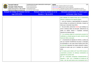 Senado Federal                            Comissão técnica de apoio à elaboração do relatório‐geral:    Legenda:                                                                            229 
                                                     Athos Gusmão Carneiro                                         Texto em preto: redação do CPC/73 que foi mantida. 
           Senador Valter Pereira                    Cassio Scarpinella Bueno                                      Texto em azul: redação do CPC/73 que foi modificada. 
           Relator‐Geral do PLS n.º 166, de 2010     Dorival Renato Pavan                                          Texto em vermelho: alterações do projeto original em comparação com CPC/73. 
           Reforma do Código de Processo Civil       Luiz Henrique Volpe Camargo                                   Texto em verde: alterações do relatório‐geral em comparação com o projeto original. 

    Redação do Código de Processo Civil em                            Redação original do projeto de Lei do                             Alterações apresentadas no relatório-geral
                  vigor (CPC/1973)                                              Senado n.º 166, de 2010                                              do Senador Valter Pereira
 




                                                                                                                                      será realizado da mesma forma que o cumprimento
                                                                                                                                      definitivo, sujeitando-se ao seguinte regime:
                                                                                                                                      I - corre por iniciativa e responsabilidade do exequente,
                                                                                                                                      que se obriga, se a sentença for reformada, a reparar os
                                                                                                                                      danos que o executado haja sofrido;
                                                                                                                                      II - fica sem efeito, sobrevindo decisão que modifique ou
                                                                                                                                      anule a sentença objeto da execução, restituindo-se as
                                                                                                                                      partes ao estado anterior e liquidados eventuais
                                                                                                                                      prejuízos nos mesmos autos;
                                                                                                                                      III - se a sentença objeto de cumprimento provisório for
                                                                                                                                      modificada ou anulada apenas em parte, somente nesta
                                                                                                                                      ficará sem efeito a execução.
                                                                                                                                      IV - o levantamento de depósito em dinheiro, a prática de
                                                                                                                                      atos que importem transferência de posse ou alienação
                                                                                                                                      de propriedade ou dos quais possa resultar grave dano
                                                                                                                                      ao executado dependem de caução suficiente e idônea,
                                                                                                                                      arbitrada de plano pelo juiz e prestada nos próprios
                                                                                                                                      autos.
                                                                                                                                      §1º A multa a que se refere o §1º do art. 509 é devida no
                                                                                                                                      cumprimento provisório de sentença condenatória ao
                                                                                                                                      pagamento de quantia certa.
                                                                                                                                      §2º Se o executado comparecer tempestivamente e
                                                                                                                                      depositar o valor, com a finalidade de isentar-se da
                                                                                                                                      multa, o ato não será havido como incompatível com o
 