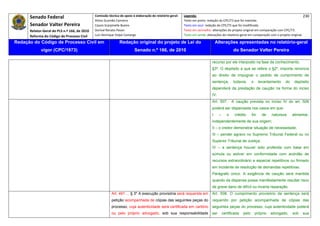 Senado Federal                            Comissão técnica de apoio à elaboração do relatório‐geral:    Legenda:                                                                            230 
                                                     Athos Gusmão Carneiro                                         Texto em preto: redação do CPC/73 que foi mantida. 
           Senador Valter Pereira                    Cassio Scarpinella Bueno                                      Texto em azul: redação do CPC/73 que foi modificada. 
           Relator‐Geral do PLS n.º 166, de 2010     Dorival Renato Pavan                                          Texto em vermelho: alterações do projeto original em comparação com CPC/73. 
           Reforma do Código de Processo Civil       Luiz Henrique Volpe Camargo                                   Texto em verde: alterações do relatório‐geral em comparação com o projeto original. 

    Redação do Código de Processo Civil em                            Redação original do projeto de Lei do                               Alterações apresentadas no relatório-geral
                  vigor (CPC/1973)                                              Senado n.º 166, de 2010                                                 do Senador Valter Pereira
 




                                                                                                                                      recurso por ele interposto na fase de conhecimento.
                                                                                                                                      §3º. O depósito a que se refere o §2º, importa renúncia
                                                                                                                                      ao direito de impugnar o pedido de cumprimento de
                                                                                                                                      sentença;         todavia,     o     levantamento   do    depósito
                                                                                                                                      dependerá da prestação de caução na forma do inciso
                                                                                                                                      IV.
                                                                                                                                      Art. 507.        A caução prevista no inciso IV do art. 506
                                                                                                                                      poderá ser dispensada nos casos em que:
                                                                                                                                      I     –      o    crédito      for     de    natureza    alimentar,
                                                                                                                                      independentemente de sua origem;
                                                                                                                                      II – o credor demonstrar situação de necessidade;
                                                                                                                                      III – pender agravo no Supremo Tribunal Federal ou no
                                                                                                                                      Superior Tribunal de Justiça;
                                                                                                                                      IV – a sentença houver sido proferida com base em
                                                                                                                                      súmula ou estiver em conformidade com acórdão de
                                                                                                                                      recursos extraordinário e especial repetitivos ou firmado
                                                                                                                                      em incidente de resolução de demandas repetitivas.
                                                                                                                                      Parágrafo único. A exigência de caução será mantida
                                                                                                                                      quando da dispensa possa manifestamente resultar risco
                                                                                                                                      de grave dano de difícil ou incerta reparação.
                                                                Art. 491 ... § 3º A execução provisória será requerida em             Art. 508. O cumprimento provisório da sentença será
                                                                petição acompanhada de cópias das seguintes peças do                  requerido por petição acompanhada de cópias das
                                                                processo, cuja autenticidade será certificada em cartório             seguintes peças do processo, cuja autenticidade poderá
                                                                ou pelo próprio advogado, sob sua responsabilidade                    ser       certificada   pelo       próprio   advogado,   sob   sua
 