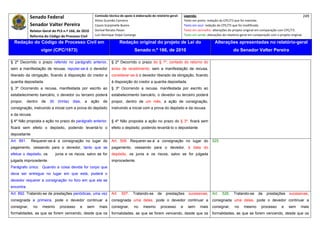 Senado Federal                                 Comissão técnica de apoio à elaboração do relatório‐geral:        Legenda:                                                                            249 
                                                             Athos Gusmão Carneiro                                             Texto em preto: redação do CPC/73 que foi mantida. 
              Senador Valter Pereira                         Cassio Scarpinella Bueno                                          Texto em azul: redação do CPC/73 que foi modificada. 
              Relator‐Geral do PLS n.º 166, de 2010          Dorival Renato Pavan                                              Texto em vermelho: alterações do projeto original em comparação com CPC/73. 
              Reforma do Código de Processo Civil            Luiz Henrique Volpe Camargo                                       Texto em verde: alterações do relatório‐geral em comparação com o projeto original. 

    Redação do Código de Processo Civil em                                     Redação original do projeto de Lei do                                Alterações apresentadas no relatório-geral
                     vigor (CPC/1973)                                                   Senado n.º 166, de 2010                                                  do Senador Valter Pereira
 




§ 2º Decorrido o prazo referido no parágrafo anterior,                  § 2º Decorrido o prazo do § 1º, contado do retorno do
sem a manifestação de recusa, reputar-se-á o devedor                    aviso de recebimento, sem a manifestação de recusa,
liberado da obrigação, ficando à disposição do credor a                 considerar-se-á o devedor liberado da obrigação, ficando
quantia depositada.                                                     à disposição do credor a quantia depositada.
§ 3º Ocorrendo a recusa, manifestada por escrito ao                     § 3º Ocorrendo a recusa, manifestada por escrito ao
estabelecimento bancário, o devedor ou terceiro poderá                  estabelecimento bancário, o devedor ou terceiro poderá
propor,     dentro   de   30    (trinta)   dias,   a    ação      de    propor, dentro de um mês, a ação de consignação,
consignação, instruindo a inicial com a prova do depósito               instruindo a inicial com a prova do depósito e da recusa.
e da recusa.
§ 4º Não proposta a ação no prazo do parágrafo anterior,                § 4º Não proposta a ação no prazo do § 3º, ficará sem
ficará sem efeito o depósito, podendo levantá-lo o                      efeito o depósito, podendo levantá-lo o depositante.
depositante
Art. 891.     Requerer-se-á a consignação no lugar do                   Art. 506. Requerer-se-á a consignação no lugar do                         525
pagamento, cessando para o devedor, tanto que se                        pagamento, cessando para o devedor, à data do
efetue o depósito, os          juros e os riscos, salvo se for          depósito, os juros e os riscos, salvo se for julgada
julgada improcedente.                                                   improcedente.
Parágrafo único. Quando a coisa devida for corpo que
deva ser entregue no lugar em que está, poderá o
devedor requerer a consignação no foro em que ela se
encontra.
Art. 892. Tratando-se de prestações periódicas, uma vez                 Art.   507.    Tratando-se      de    prestações          sucessivas,     Art.   526.    Tratando-se      de    prestações      sucessivas,
consignada a primeira, pode o devedor continuar a                       consignada uma delas, pode o devedor continuar a                          consignada uma delas, pode o devedor continuar a
consignar,      no    mesmo      processo      e       sem      mais    consignar,      no    mesmo        processo        e     sem      mais    consignar,      no    mesmo       processo       e    sem     mais
formalidades, as que se forem vencendo, desde que os                    formalidades, as que se forem vencendo, desde que os                      formalidades, as que se forem vencendo, desde que os
 