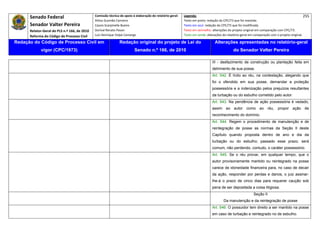 Senado Federal                            Comissão técnica de apoio à elaboração do relatório‐geral:    Legenda:                                                                            255 
                                                     Athos Gusmão Carneiro                                         Texto em preto: redação do CPC/73 que foi mantida. 
           Senador Valter Pereira                    Cassio Scarpinella Bueno                                      Texto em azul: redação do CPC/73 que foi modificada. 
           Relator‐Geral do PLS n.º 166, de 2010     Dorival Renato Pavan                                          Texto em vermelho: alterações do projeto original em comparação com CPC/73. 
           Reforma do Código de Processo Civil       Luiz Henrique Volpe Camargo                                   Texto em verde: alterações do relatório‐geral em comparação com o projeto original. 

    Redação do Código de Processo Civil em                            Redação original do projeto de Lei do                             Alterações apresentadas no relatório-geral
                  vigor (CPC/1973)                                              Senado n.º 166, de 2010                                              do Senador Valter Pereira
 




                                                                                                                                      III - desfazimento de construção ou plantação feita em
                                                                                                                                      detrimento de sua posse.
                                                                                                                                      Art. 542. É lícito ao réu, na contestação, alegando que
                                                                                                                                      foi o ofendido em sua posse, demandar a proteção
                                                                                                                                      possessória e a indenização pelos prejuízos resultantes
                                                                                                                                      da turbação ou do esbulho cometido pelo autor.
                                                                                                                                      Art. 543. Na pendência de ação possessória é vedado,
                                                                                                                                      assim ao autor como ao réu, propor ação de
                                                                                                                                      reconhecimento do domínio.
                                                                                                                                      Art. 544. Regem o procedimento de manutenção e de
                                                                                                                                      reintegração de posse as normas da Seção II deste
                                                                                                                                      Capítulo quando proposta dentro de ano e dia da
                                                                                                                                      turbação ou do esbulho; passado esse prazo, será
                                                                                                                                      comum, não perdendo, contudo, o caráter possessório.
                                                                                                                                      Art. 545. Se o réu provar, em qualquer tempo, que o
                                                                                                                                      autor provisoriamente mantido ou reintegrado na posse
                                                                                                                                      carece de idoneidade financeira para, no caso de decair
                                                                                                                                      da ação, responder por perdas e danos, o juiz assinar-
                                                                                                                                      lhe-á o prazo de cinco dias para requerer caução sob
                                                                                                                                      pena de ser depositada a coisa litigiosa.
                                                                                                                                                                   Seção II
                                                                                                                                              Da manutenção e da reintegração de posse
                                                                                                                                      Art. 546. O possuidor tem direito a ser mantido na posse
                                                                                                                                      em caso de turbação e reintegrado no de esbulho.
 