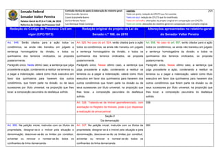 Senado Federal                                Comissão técnica de apoio à elaboração do relatório‐geral:    Legenda:                                                                            259 
                                                            Athos Gusmão Carneiro                                         Texto em preto: redação do CPC/73 que foi mantida. 
              Senador Valter Pereira                        Cassio Scarpinella Bueno                                      Texto em azul: redação do CPC/73 que foi modificada. 
              Relator‐Geral do PLS n.º 166, de 2010         Dorival Renato Pavan                                          Texto em vermelho: alterações do projeto original em comparação com CPC/73. 
              Reforma do Código de Processo Civil           Luiz Henrique Volpe Camargo                                   Texto em verde: alterações do relatório‐geral em comparação com o projeto original. 

    Redação do Código de Processo Civil em                                   Redação original do projeto de Lei do                             Alterações apresentadas no relatório-geral
                      vigor (CPC/1973)                                                 Senado n.º 166, de 2010                                              do Senador Valter Pereira
 




Art. 949. Serão citados para a ação todos os                           Art. 525. No caso do art. 524, serão citados para a ação              Art. 558. No caso do art. 557, serão citados para a ação
condôminos, se ainda não transitou em julgado a                        todos os condôminos, se ainda não transitou em julgado                todos os condôminos, se ainda não transitou em julgado
sentença      homologatória       da   divisão;   e    todos     os    a sentença homologatória da divisão, e todos os                       a sentença homologatória da divisão, e todos os
quinhoeiros     dos    terrenos    vindicados,    se    proposta       quinhoeiros      dos    terrenos    vindicados,     se    proposta    quinhoeiros      dos    terrenos    vindicados,     se   proposta
posteriormente.                                                        posteriormente.                                                       posteriormente.
Parágrafo único. Neste último caso, a sentença que julga               Parágrafo único. Nesse último caso, a sentença que                    Parágrafo único. Nesse último caso, a sentença que
procedente a ação, condenando a restituir os terrenos ou               julga procedente a ação, condenando a restituir os                    julga procedente a ação, condenando a restituir os
a pagar a indenização, valerá como título executivo em                 terrenos ou a pagar a indenização, valerá como título                 terrenos ou a pagar a indenização, valerá como título
favor   dos     quinhoeiros    para    haverem        dos    outros    executivo em favor dos quinhoeiros para haverem dos                   executivo em favor dos quinhoeiros para haverem dos
condôminos, que forem parte na divisão, ou de seus                     outros condôminos que forem parte na divisão ou de                    outros condôminos que forem parte na divisão ou de
sucessores por título universal, na proporção que lhes                 seus sucessores por título universal, na proporção que                seus sucessores por título universal, na proporção que
tocar, a composição pecuniária do desfalque sofrido.                   lhes tocar, a composição pecuniária do desfalque                      lhes tocar, a composição pecuniária do desfalque
                                                                       sofrido.                                                              sofrido.

                                                                       Art. 526. Tratando-se de imóvel georreferenciado, com                 559
                                                                       averbação no Registro de Imóveis, pode o juiz dispensar
                                                                       a realização de prova pericial.
                                                                                                     Seção II
                                                                                                Da demarcação
Art. 950. Na petição inicial, instruída com os títulos da              Art. 527. Na petição inicial, instruída com os títulos da             560
propriedade, designar-se-á o imóvel pela situação e                    propriedade, designar-se-á o imóvel pela situação e pela
denominação, descrever-se-ão os limites por constituir,                denominação, descrever-se-ão os limites por constituir,
aviventar     ou   renovar    e    nomear-se-ão        todos     os    aviventar     ou    renovar     e   nomear-se-ão         todos   os
confinantes da linha demarcanda.                                       confinantes da linha demarcanda.
 