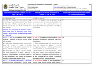 Senado Federal                             Comissão técnica de apoio à elaboração do relatório‐geral:    Legenda:                                                                            265 
                                                      Athos Gusmão Carneiro                                         Texto em preto: redação do CPC/73 que foi mantida. 
           Senador Valter Pereira                     Cassio Scarpinella Bueno                                      Texto em azul: redação do CPC/73 que foi modificada. 
           Relator‐Geral do PLS n.º 166, de 2010      Dorival Renato Pavan                                          Texto em vermelho: alterações do projeto original em comparação com CPC/73. 
           Reforma do Código de Processo Civil        Luiz Henrique Volpe Camargo                                   Texto em verde: alterações do relatório‐geral em comparação com o projeto original. 

    Redação do Código de Processo Civil em                             Redação original do projeto de Lei do                             Alterações apresentadas no relatório-geral
                    vigor (CPC/1973)                                             Senado n.º 166, de 2010                                              do Senador Valter Pereira
 




formação dos quinhões.                                           formação dos quinhões.
Art. 973. Se qualquer linha do perímetro atingir                 Art. 545. Se qualquer linha do perímetro atingir                      579
benfeitorias permanentes dos confinantes, feitas há mais         benfeitorias permanentes dos confinantes feitas há mais
de 1 (um) ano, serão elas respeitadas, bem como os               de um ano, serão elas respeitadas, bem como os
terrenos onde estiverem, os quais não se computarão na           terrenos onde estiverem, os quais não se computarão na
área dividenda.                                                  área dividenda.
Parágrafo único. Consideram-se benfeitorias, para os
efeitos deste artigo, as edificações, muros, cercas,
culturas e pastos fechados, não abandonados há mais
de 2 (dois) anos.
Art. 974. É lícito aos confinantes do imóvel dividendo           Art. 546. Os confinantes do imóvel dividendo podem                    580
demandar a restituição dos terrenos que lhes tenham              demandar a restituição dos terrenos que lhes tenham
sido usurpados.                                                  sido usurpados.
§ 1º Serão citados para a ação todos os condôminos, se           § 1º Serão citados para a ação todos os condôminos, se
ainda   não       transitou   em   julgado    a      sentença    ainda     não     transitou     em      julgado     a    sentença
homologatória da divisão; e todos os quinhoeiros dos             homologatória da divisão, e todos os quinhoeiros dos
terrenos vindicados, se proposta posteriormente                  terrenos vindicados, se proposta posteriormente.
§ 2º Neste último caso terão os quinhoeiros o direito,           § 2º Nesse último caso terão os quinhoeiros o direito,
pela mesma sentença que os obrigar à restituição, a              pela mesma sentença que os obrigar à restituição, a
haver dos outros condôminos do processo divisório, ou            haver dos outros condôminos do processo divisório ou
de seus sucessores a título universal, a composição              de seus sucessores a título universal a composição
pecuniária proporcional ao desfalque sofrido.                    pecuniária proporcional ao desfalque sofrido.
Art. 978. Em seguida os arbitradores e o agrimensor              Art. 547. Os peritos proporão, em laudo fundamentado, a               581
proporão, em laudo fundamentado, a forma da divisão,             forma da divisão, devendo consultar, quanto possível, a
 