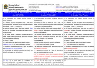 Senado Federal                            Comissão técnica de apoio à elaboração do relatório‐geral:    Legenda:                                                                            278 
                                                      Athos Gusmão Carneiro                                         Texto em preto: redação do CPC/73 que foi mantida. 
            Senador Valter Pereira                    Cassio Scarpinella Bueno                                      Texto em azul: redação do CPC/73 que foi modificada. 
            Relator‐Geral do PLS n.º 166, de 2010     Dorival Renato Pavan                                          Texto em vermelho: alterações do projeto original em comparação com CPC/73. 
            Reforma do Código de Processo Civil       Luiz Henrique Volpe Camargo                                   Texto em verde: alterações do relatório‐geral em comparação com o projeto original. 

    Redação do Código de Processo Civil em                             Redação original do projeto de Lei do                             Alterações apresentadas no relatório-geral
                      vigor (CPC/1973)                                           Senado n.º 166, de 2010                                              do Senador Valter Pereira
 




c) os semoventes, seu número, espécies, marcas e                 c) os semoventes, seu número, espécies, marcas e                      c) os semoventes, seu número, espécies, marcas e
sinais distintivos;                                              sinais distintivos;                                                   sinais distintivos;
d) o dinheiro, as jóias, os objetos de ouro e prata, e as        d) o dinheiro, as jóias, os objetos de ouro e prata e as              d) o dinheiro, as jóias, os objetos de ouro e prata e as
pedras preciosas, declarando-se-lhes especificadamente           pedras preciosas, declarando-se-lhes especificadamente                pedras preciosas, declarando-se-lhes especificadamente
a qualidade, o peso e a importância;                             a qualidade, o peso e a importância;                                  a qualidade, o peso e a importância;
e) os títulos da dívida pública, bem como as ações, cotas        e) os títulos da dívida pública, bem como as ações, as                e) os títulos da dívida pública, bem como as ações, as
e títulos de sociedade, mencionando-se-lhes o número,            quotas e os títulos de sociedade, mencionando-se-lhes o               quotas e os títulos de sociedade, mencionando-se-lhes o
o valor e a data;                                                número, o valor e a data;                                             número, o valor e a data;
f) as dívidas ativas e passivas, indicando-se-lhes as            f) as dívidas ativas e passivas, indicando-se-lhes as                 f) as dívidas ativas e passivas, indicando-se-lhes as
datas, títulos, origem da obrigação, bem como os nomes           datas, os títulos, a origem da obrigação, bem como os                 datas, os títulos, a origem da obrigação, bem como os
dos credores e dos devedores;                                    nomes dos credores e dos devedores;                                   nomes dos credores e dos devedores;
g) direitos e ações;                                             g) direitos e ações;                                                  g) direitos e ações;
h) o valor corrente de cada um dos bens do espólio.              h) o valor corrente de cada um dos bens do espólio.                   h) o valor corrente de cada um dos bens do espólio.
Parágrafo único. O juiz determinará que se proceda:              § 1º O juiz determinará que se proceda:                               § 1º O juiz determinará que se proceda:
I - ao balanço do estabelecimento, se o autor da herança         I - ao balanço do estabelecimento, se o autor da herança              I - ao balanço do estabelecimento, se o autor da herança
era comerciante em nome individual;                              era empresário individual;                                            era empresário individual;
II - a apuração de haveres, se o autor da herança era            II - à apuração de haveres, se o autor da herança era                 II - à apuração de haveres, se o autor da herança era
sócio de sociedade que não anônima.                              sócio de sociedade que não anônima.                                   sócio de sociedade que não anônima.
                                                                 § 2º As declarações podem ser prestadas mediante                      § 2º As declarações podem ser prestadas mediante
                                                                 petição, firmada por procurador com poderes especiais,                petição, firmada por procurador com poderes especiais,
                                                                 à qual o termo se reportará.                                          à qual o termo se reportará.
Art. 994. Só se pode argüir de sonegação ao                      Art. 562. Só se pode arguir de sonegação ao                           607
inventariante depois de encerrada a descrição dos bens,          inventariante depois de encerrada a descrição dos bens,
com a declaração, por ele feita, de não existirem outros         com a declaração, por ele feita, de não existirem outros
 