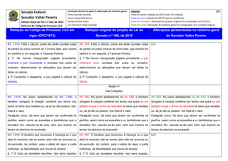 Senado Federal                            Comissão técnica de apoio à elaboração do relatório‐geral:    Legenda:                                                                            285 
                                                       Athos Gusmão Carneiro                                         Texto em preto: redação do CPC/73 que foi mantida. 
             Senador Valter Pereira                    Cassio Scarpinella Bueno                                      Texto em azul: redação do CPC/73 que foi modificada. 
             Relator‐Geral do PLS n.º 166, de 2010     Dorival Renato Pavan                                          Texto em vermelho: alterações do projeto original em comparação com CPC/73. 
             Reforma do Código de Processo Civil       Luiz Henrique Volpe Camargo                                   Texto em verde: alterações do relatório‐geral em comparação com o projeto original. 

    Redação do Código de Processo Civil em                              Redação original do projeto de Lei do                             Alterações apresentadas no relatório-geral
                     vigor (CPC/1973)                                             Senado n.º 166, de 2010                                              do Senador Valter Pereira
 




Art. 1.013. Feito o cálculo, sobre ele serão ouvidas todas        Art. 579. Feito o cálculo, sobre ele serão ouvidas todas              624
as partes no prazo comum de 5 (cinco) dias, que correrá           as partes no prazo comum de cinco dias, que correrá em
em cartório e, em seguida, a Fazenda Pública.                     cartório e, em seguida, a Fazenda Pública.
§ 1º Se houver impugnação julgada procedente,                     § 1º Se houver impugnação julgada procedente, o juiz
ordenará o juiz novamente a remessa dos autos ao                  ordenará      nova    remessa      dos    autos    ao   contador,
contador, determinando as alterações que devam ser                determinando as alterações que devam ser feitas no
feitas no cálculo.                                                cálculo.
§ 2º Cumprido o despacho, o juiz julgará o cálculo do             § 2º Cumprido o despacho, o juiz julgará o cálculo do
imposto.                                                          tributo.
                                                                                               Seção VI
                                                                                            Das Colações

Art. 1.014. No prazo estabelecido no art. 1.000, o                Art. 580. No prazo estabelecido no art. 568, o herdeiro               Art. 625. No prazo estabelecido no art. 613, o herdeiro
herdeiro obrigado à colação conferirá por termo nos               obrigado à colação conferirá por termo nos autos ou por               obrigado à colação conferirá por termo nos autos ou por
autos os bens que recebeu ou, se já os não possuir, trar-         petição à qual o termo se reportará os bens que recebeu               petição à qual o termo se reportará os bens que recebeu
lhes-á o valor.                                                   ou, se já não os possuir, trar-lhes-á o valor.                        ou, se já não os possuir, trar-lhes-á o valor.
Parágrafo único. Os bens que devem ser conferidos na              Parágrafo único. Os bens que devem ser conferidos na                  Parágrafo único. Os bens que devem ser conferidos na
partilha, assim como as acessões e benfeitorias que o             partilha, assim como as acessões e as benfeitorias que o              partilha, assim como as acessões e as benfeitorias que o
donatário fez, calcular-se-ão pelo valor que tiverem ao           donatário fez, calcular-se-ão pelo valor que tiverem ao               donatário fez, calcular-se-ão pelo valor que tiverem ao
tempo da abertura da sucessão.                                    tempo da abertura da sucessão.                                        tempo da abertura da sucessão.
Art. 1.015. O herdeiro que renunciou à herança ou o que           Art. 581. O herdeiro que renunciou à herança ou o que                 626
dela foi excluído não se exime, pelo fato da renúncia ou          dela foi excluído não se exime, pelo fato da renúncia ou
da exclusão, de conferir, para o efeito de repor a parte          da exclusão, de conferir, para o efeito de repor a parte
inoficiosa, as liberalidades que houve do doador.                 inoficiosa, as liberalidades que houve do doador.
§ 1º E lícito ao donatário escolher, dos bens doados,             § 1º É lícito ao donatário escolher, dos bens doados,
 