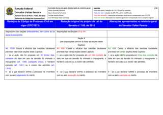 Senado Federal                            Comissão técnica de apoio à elaboração do relatório‐geral:    Legenda:                                                                            298 
                                                      Athos Gusmão Carneiro                                         Texto em preto: redação do CPC/73 que foi mantida. 
            Senador Valter Pereira                    Cassio Scarpinella Bueno                                      Texto em azul: redação do CPC/73 que foi modificada. 
            Relator‐Geral do PLS n.º 166, de 2010     Dorival Renato Pavan                                          Texto em vermelho: alterações do projeto original em comparação com CPC/73. 
            Reforma do Código de Processo Civil       Luiz Henrique Volpe Camargo                                   Texto em verde: alterações do relatório‐geral em comparação com o projeto original. 

    Redação do Código de Processo Civil em                             Redação original do projeto de Lei do                             Alterações apresentadas no relatório-geral
                   vigor (CPC/1973)                                              Senado n.º 166, de 2010                                              do Senador Valter Pereira
 




disposições das seções antecedentes, bem como as da              disposições das Seções VII e VIII.
seção subseqüente.
                                                                                              Seção X
                                                                      Das disposições comuns a todas as seções deste
                                                                                              Capítulo
Art. 1.039. Cessa a eficácia das medidas cautelares              Art. 609. Cessa a eficácia das medidas cautelares                     Art. 654. Cessa a eficácia das medidas cautelares
previstas nas várias seções deste Capítulo:                      previstas nas várias seções deste Capítulo:                           previstas nas várias seções deste Capítulo:
I - se a ação não for proposta em 30 (trinta) dias,              I - se a ação não for proposta em um mês contado da                   I - se a ação não for proposta em trinta dias contados da
contados da data em que da decisão foi intimado o                data em que da decisão foi intimado o impugnante, o                   data em que da decisão foi intimado o impugnante, o
impugnante (art. 1.000, parágrafo único), o herdeiro             herdeiro excluído ou o credor não admitido;                           herdeiro excluído ou o credor não admitido;
excluído (art. 1.001) ou o credor não admitido (art.
1.018);
II - se o juiz declarar extinto o processo de inventário         II - se o juiz declarar extinto o processo de inventário              II - se o juiz declarar extinto o processo de inventário
com ou sem julgamento do mérito.                                 com ou sem resolução de mérito.                                       com ou sem resolução de mérito.
 