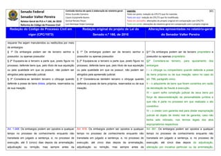 Senado Federal                            Comissão técnica de apoio à elaboração do relatório‐geral:    Legenda:                                                                            301 
                                                     Athos Gusmão Carneiro                                         Texto em preto: redação do CPC/73 que foi mantida. 
           Senador Valter Pereira                    Cassio Scarpinella Bueno                                      Texto em azul: redação do CPC/73 que foi modificada. 
           Relator‐Geral do PLS n.º 166, de 2010     Dorival Renato Pavan                                          Texto em vermelho: alterações do projeto original em comparação com CPC/73. 
           Reforma do Código de Processo Civil       Luiz Henrique Volpe Camargo                                   Texto em verde: alterações do relatório‐geral em comparação com o projeto original. 

    Redação do Código de Processo Civil em                            Redação original do projeto de Lei do                             Alterações apresentadas no relatório-geral
                    vigor (CPC/1973)                                            Senado n.º 166, de 2010                                              do Senador Valter Pereira
 




requerer lhe sejam manutenidos ou restituídos por meio
de embargos.
§ 1º Os embargos podem ser de terceiro senhor e                 § 1º Os embargos podem ser de terceiro senhor e                       §1º Os embargos podem ser de terceiro proprietário e
possuidor, ou apenas possuidor                                  possuidor ou apenas possuidor.                                        possuidor ou apenas proprietário.
§ 2º Equipara-se a terceiro a parte que, posto figure no        § 2º Equipara-se a terceiro a parte que, posto figure no              §2º    Considera-se       terceiro,   para    ajuizamento      dos
processo, defende bens que, pelo título de sua aquisição        processo, defende bens que, pelo título de sua aquisição              embargos:
ou pela qualidade em que os possuir, não podem ser              ou pela qualidade em que os possuir, não podem ser                    I – o cônjuge ou companheiro quando defende a posse
atingidos pela apreensão judicial.                              atingidos pela apreensão judicial.                                    de bens próprios ou de sua meação, salvo no caso do
§ 3º Considera-se também terceiro o cônjuge quando              § 3º Considera-se também terceiro o cônjuge quando                    art. 799, parágrafo único.
defende a posse de bens dotais, próprios, reservados ou         defende a posse de bens próprios, reservados ou de sua                II – o adquirente de bens que foram constritos em razão
de sua meação.                                                  meação.                                                               da decretação de fraude à execução.
                                                                                                                                      III – quem sofre constrição judicial de seus bens por
                                                                                                                                      força de desconsideração da personalidade jurídica e
                                                                                                                                      que não é parte no processo em que realizado o ato
                                                                                                                                      constritivo.
                                                                                                                                      IV – o credor com garantia real para obstar expropriação
                                                                                                                                      judicial do objeto de direito real de garantia, caso não
                                                                                                                                      tenha sido intimado, nos termos legais dos atos
                                                                                                                                      expropriatórios respectivos.
Art. 1.048. Os embargos podem ser opostos a qualquer            Art. 616. Os embargos podem ser opostos a qualquer                    Art. 661. Os embargos podem ser opostos a qualquer
tempo no processo de conhecimento enquanto não                  tempo no processo de conhecimento enquanto não                        tempo no processo de conhecimento enquanto não
transitada em julgado a sentença, e, no processo de             transitada em julgado a sentença, e, no processo de                   transitada em julgado a sentença, e, no processo de
execução, até 5 (cinco) dias depois da arrematação,             execução, até cinco dias depois da arrematação,                       execução, até cinco dias depois da adjudicação,
adjudicação    ou    remição,   mas   sempre      antes   da    adjudicação      ou    remição,     mas     sempre     antes     da   alienação por iniciativa particular ou da arrematação,
 