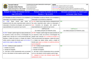 Senado Federal                            Comissão técnica de apoio à elaboração do relatório‐geral:    Legenda:                                                                            308 
                                                     Athos Gusmão Carneiro                                         Texto em preto: redação do CPC/73 que foi mantida. 
           Senador Valter Pereira                    Cassio Scarpinella Bueno                                      Texto em azul: redação do CPC/73 que foi modificada. 
           Relator‐Geral do PLS n.º 166, de 2010     Dorival Renato Pavan                                          Texto em vermelho: alterações do projeto original em comparação com CPC/73. 
           Reforma do Código de Processo Civil       Luiz Henrique Volpe Camargo                                   Texto em verde: alterações do relatório‐geral em comparação com o projeto original. 

    Redação do Código de Processo Civil em                            Redação original do projeto de Lei do                             Alterações apresentadas no relatório-geral
                  vigor (CPC/1973)                                              Senado n.º 166, de 2010                                              do Senador Valter Pereira
 




§ 2º Remetidos os autos ao tribunal, aí se completará a         § 2º Remetidos os autos ao tribunal, aí se completará a
restauração e se procederá ao julgamento.                       restauração e se procederá ao julgamento.
Art.   1.069.    Quem         houver   dado    causa      ao    Art. 634. Quem houver dado causa ao desaparecimento                   680
desaparecimento dos autos responderá pelas custas da            dos autos responderá pelas custas da restauração e
restauração e honorários de advogado, sem prejuízo da           pelos honorários de advogado, sem prejuízo da
responsabilidade civil ou penal em que incorrer.                responsabilidade civil ou penal em que incorrer.
                                                                                         CAPÍTULO VIII                                                          CAPÍTULO X
                                                                        DA HOMOLOGAÇÃO DO PENHOR LEGAL                                        DA HOMOLOGAÇÃO DO PENHOR LEGAL
Art. 874. Tomado o penhor legal nos casos previstos em          Art. 635. Tomado o penhor legal nos casos previstos em                681
lei, requererá o credor, ato contínuo, a homologação. Na        lei, requererá o credor, ato contínuo, a homologação. Na
petição inicial, instruída com a conta pormenorizada das        petição inicial, instruída com o contrato de locação ou a
despesas, a tabela dos preços e a relação dos objetos           conta pormenorizada das despesas, a tabela dos preços
retidos, pedirá a citação do devedor para, em 24 (vinte e       e a relação dos objetos retidos, pedirá a citação do
quatro) horas, pagar ou alegar defesa.                          devedor para pagar ou contestar na audiência preliminar
                                                                que for designada.
Art. 875. A defesa só pode consistir em:                        Art. 636. A defesa só pode consistir em:                              682
I - nulidade do processo;                                       I - nulidade do processo;
II - extinção da obrigação;                                     II - extinção da obrigação;
III - não estar a dívida compreendida entre as previstas        III - não estar a dívida compreendida entre as previstas
em lei ou não estarem os bens sujeitos a penhor legal.          em lei ou não estarem os bens sujeitos a penhor legal.
                                                                IV - alegação de haver sido ofertada caução idônea,
                                                                rejeitada pelo credor.
 