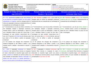 Senado Federal                           Comissão técnica de apoio à elaboração do relatório‐geral:    Legenda:                                                                            317 
                                                     Athos Gusmão Carneiro                                         Texto em preto: redação do CPC/73 que foi mantida. 
            Senador Valter Pereira                   Cassio Scarpinella Bueno                                      Texto em azul: redação do CPC/73 que foi modificada. 
           Relator‐Geral do PLS n.º 166, de 2010     Dorival Renato Pavan                                          Texto em vermelho: alterações do projeto original em comparação com CPC/73. 
            Reforma do Código de Processo Civil      Luiz Henrique Volpe Camargo                                   Texto em verde: alterações do relatório‐geral em comparação com o projeto original. 

    Redação do Código de Processo Civil em                            Redação original do projeto de Lei do                             Alterações apresentadas no relatório-geral
                  vigor (CPC/1973)                                              Senado n.º 166, de 2010                                              do Senador Valter Pereira
 




Art. 1.122. Apresentada a petição ao juiz, este verificará      Art. 666. Recebida a petição inicial, o juiz ouvirá os                Art. 698. Recebida a petição inicial, o juiz designará
se ela preenche os requisitos exigidos nos dois artigos         cônjuges sobre os motivos da separação consensual,                    audiência para ouvir os cônjuges, esclarecendo-lhes as
antecedentes; em seguida, ouvirá os cônjuges sobre os           esclarecendo-lhes as consequências da manifestação de                 consequências da manifestação de vontade.
motivos da separação consensual, esclarecendo-lhes as           vontade.
conseqüências da manifestação de vontade.
§ 1º Convencendo-se o juiz de que ambos, livremente e           § 1º Convencendo-se o juiz de que ambos, livremente e                 § 1º Convencendo-se o juiz de que ambos desejam o
sem hesitações, desejam a separação consensual,                 sem hesitações, desejam a separação consensual,                       divórcio, mandará reduzir a termo as declarações e,
mandará reduzir a termo as declarações e, depois de             mandará reduzir a termo as declarações e, depois de                   depois de ouvir o Ministério Público no prazo de cinco
ouvir o Ministério Público no prazo de 5 (cinco) dias, o        ouvir o Ministério Público no prazo de cinco dias, o                  dias, o homologará;
homologará; em caso contrário, marcar-lhes-á dia e              homologará; em caso contrário, marcar-lhes-á dia e
hora, com 15 (quinze) a 30 (trinta) dias de intervalo, para     hora, com quinze dias a um mês de intervalo, para que
que voltem a fim de ratificar o pedido de separação             voltem a fim de ratificar o pedido de separação
consensual.                                                     consensual.
§ 2º Se qualquer dos cônjuges não comparecer à                  § 2º Se qualquer dos cônjuges não comparecer à                        § 2º Se qualquer dos cônjuges não comparecer à
audiência designada ou não ratificar o pedido, o juiz           audiência designada ou não ratificar o pedido, o juiz                 audiência designada ou não ratificar o pedido, o juiz
mandará autuar a petição e documentos e arquivar o              mandará autuar a petição e os documentos e arquivar o                 extinguirá o feito e mandará arquivar o processo.
processo.                                                       processo.
Art. 1.124-A. A separação consensual e o divórcio               Art. 667. A separação e o divórcio consensuais, não                   Art. 699. O divórcio e a extinção de união estável
consensual, não havendo filhos menores ou incapazes             havendo filhos menores ou incapazes do casal e                        consensuais, não havendo filhos menores ou incapazes
do casal e observados os requisitos legais quanto aos           observados os requisitos legais quanto aos prazos,                    e observados os requisitos legais, serão realizados por
prazos, poderão ser realizados por escritura pública, da        serão realizados por escritura pública, da qual constarão             escritura pública, da qual constarão as disposições de
qual constarão as disposições relativas à descrição e à         as disposições de que trata o art. 665.                               que trata o art. 697.
partilha dos bens comuns e à pensão alimentícia e,
ainda, ao acordo quanto à retomada pelo cônjuge de seu
 