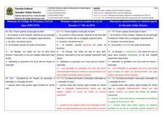 Senado Federal                            Comissão técnica de apoio à elaboração do relatório‐geral:     Legenda:                                                                            345 
                                                      Athos Gusmão Carneiro                                          Texto em preto: redação do CPC/73 que foi mantida. 
            Senador Valter Pereira                    Cassio Scarpinella Bueno                                       Texto em azul: redação do CPC/73 que foi modificada. 
            Relator‐Geral do PLS n.º 166, de 2010     Dorival Renato Pavan                                           Texto em vermelho: alterações do projeto original em comparação com CPC/73. 
            Reforma do Código de Processo Civil       Luiz Henrique Volpe Camargo                                    Texto em verde: alterações do relatório‐geral em comparação com o projeto original. 

    Redação do Código de Processo Civil em                             Redação original do projeto de Lei do                              Alterações apresentadas no relatório-geral
                   vigor (CPC/1973)                                              Senado n.º 166, de 2010                                               do Senador Valter Pereira
 




Art. 592. Ficam sujeitos à execução os bens:                     Art. 715. Ficam sujeitos à execução os bens:                           Art. 748. Ficam sujeitos à execução os bens:
I - do sucessor a título singular, tratando-se de execução       I - do sucessor a título singular, tratando-se de execução             I - do sucessor a título singular, tratando-se de execução
fundada em direito real ou obrigação reipersecutória;            fundada em direito real ou obrigação reipersecutória;                  fundada em direito real ou obrigação reipersecutória;
II - do sócio, nos termos da lei;                                II - do sócio, nos termos da lei;                                      II - do sócio, nos termos da lei;
III - do devedor, quando em poder de terceiros;                  III - do devedor, quando estiverem em poder de                         III - do devedor, ainda que em poder de terceiros;
                                                                 terceiros;
IV - do cônjuge, nos casos em que os seus bens                   IV - do cônjuge, nos casos em que os seus bens                         IV - do cônjuge ou companheiro, nos casos em que os
próprios, reservados ou de sua meação respondem pela             próprios, reservados ou de sua meação respondem pela                   seus bens próprios, reservados ou de sua meação
dívida;                                                          dívida;                                                                respondem pela dívida;
V - alienados ou gravados com ônus real em fraude de             V - alienados ou gravados com ônus real em fraude à                    V - alienados ou gravados com ônus real em fraude à
execução.                                                        execução;                                                              execução;
                                                                 VI - cuja alienação ou gravação com ônus real tenha                    VI - cuja alienação ou gravação com ônus real tenha
                                                                 sido declarada ineficaz em razão do reconhecimento, em                 sido anulada em razão do reconhecimento, em ação
                                                                 ação própria, de fraude contra credores.                               própria, de fraude contra credores.
Art. 593.    Considera-se em fraude de execução a                Art. 716. Considera-se fraude à execução a alienação ou                Art. 749. Considera-se fraude à execução a alienação ou
alienação ou oneração de bens:                                   a oneração de bens:                                                    a oneração de bens:
I - quando sobre eles pender ação fundada em direito             I - quando sobre eles pender ação fundada em direito                   I – quando sobre eles pender ação fundada em direito
real;                                                            real ou obrigação reipersecutória, desde que haja                      real ou obrigação reipersecutória, desde que haja
                                                                 registro     público   ou    prova    da    má-fé     do    terceiro   registro público; ou prova da má-fé do terceiro
                                                                 adquirente;                                                            adquirente;
                                                                                                                                        II – quando sobre eles existir a averbação da existência
                                                                                                                                        da ação, na forma do art. 785;
                                                                 II - quando houver registro público da constrição do bem               III – quando sobre eles existir registro de hipoteca
                                                                 objeto de ação pendente ou prova da má-fé do terceiro                  judiciária ou de ato de constrição judicial originário da
 