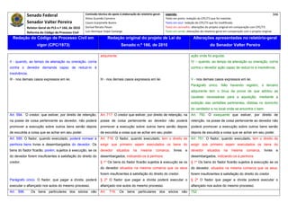 Senado Federal                            Comissão técnica de apoio à elaboração do relatório‐geral:     Legenda:                                                                            346 
                                                      Athos Gusmão Carneiro                                          Texto em preto: redação do CPC/73 que foi mantida. 
            Senador Valter Pereira                    Cassio Scarpinella Bueno                                       Texto em azul: redação do CPC/73 que foi modificada. 
            Relator‐Geral do PLS n.º 166, de 2010     Dorival Renato Pavan                                           Texto em vermelho: alterações do projeto original em comparação com CPC/73. 
            Reforma do Código de Processo Civil       Luiz Henrique Volpe Camargo                                    Texto em verde: alterações do relatório‐geral em comparação com o projeto original. 

    Redação do Código de Processo Civil em                              Redação original do projeto de Lei do                             Alterações apresentadas no relatório-geral
                   vigor (CPC/1973)                                              Senado n.º 166, de 2010                                               do Senador Valter Pereira
 




                                                                 adquirente;                                                            ação onde foi arguida;
II - quando, ao tempo da alienação ou oneração, corria                                                                                  IV – quando, ao tempo da alienação ou oneração, corria
contra o devedor demanda capaz de reduzi-lo à                                                                                           contra o devedor ação capaz de reduzi-lo à insolvência;
insolvência;
III - nos demais casos expressos em lei.                         III - nos demais casos expressos em lei.                               V - nos demais casos expressos em lei.
                                                                                                                                        Parágrafo único. Não havendo registro, o terceiro
                                                                                                                                        adquirente tem o ônus da prova de que adotou as
                                                                                                                                        cautelas necessárias para a aquisição, mediante a
                                                                                                                                        exibição das certidões pertinentes, obtidas no domicílio
                                                                                                                                        do vendedor e no local onde se encontra o bem.
Art. 594. O credor, que estiver, por direito de retenção,        Art. 717. O credor que estiver, por direito de retenção, na            Art. 750. O exequente que estiver, por direito de
na posse de coisa pertencente ao devedor, não poderá             posse de coisa pertencente ao devedor não poderá                       retenção, na posse de coisa pertencente ao devedor não
promover a execução sobre outros bens senão depois               promover a execução sobre outros bens senão depois                     poderá promover a execução sobre outros bens senão
de excutida a coisa que se achar em seu poder.                   de excutida a coisa que se achar em seu poder.                         depois de excutida a coisa que se achar em seu poder.
Art. 595. O fiador, quando executado, poderá nomear à            Art. 718. O fiador, quando executado, tem o direito de                 Art. 751. O fiador, quando executado, tem o direito de
penhora bens livres e desembargados do devedor. Os               exigir que primeiro sejam executados os bens do                        exigir que primeiro sejam executados os bens do
bens do fiador ficarão, porém, sujeitos à execução, se os        devedor       situados    na    mesma      comarca,       livres   e   devedor      situados     na   mesma       comarca,      livres   e
do devedor forem insuficientes à satisfação do direito do        desembargados, indicando-os à penhora.                                 desembargados, indicando-os à penhora.
credor.                                                          § 1º Os bens do fiador ficarão sujeitos à execução se os               § 1º Os bens do fiador ficarão sujeitos à execução se os
                                                                 do devedor situados na mesma comarca que os seus                       do devedor, situados na mesma comarca que os seus,
                                                                 forem insuficientes à satisfação do direito do credor.                 forem insuficientes à satisfação do direito do credor.
Parágrafo único. O fiador, que pagar a dívida, poderá            § 2º O fiador que pagar a dívida poderá executar o                     § 2º O fiador que pagar a dívida poderá executar o
executar o afiançado nos autos do mesmo processo.                afiançado nos autos do mesmo processo.                                 afiançado nos autos do mesmo processo.
Art. 596.      Os bens particulares dos sócios não               Art.   719.    Os    bens      particulares   dos     sócios    não    752
 