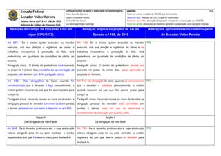 Senado Federal                            Comissão técnica de apoio à elaboração do relatório‐geral:    Legenda:                                                                            356 
                                                        Athos Gusmão Carneiro                                         Texto em preto: redação do CPC/73 que foi mantida. 
              Senador Valter Pereira                    Cassio Scarpinella Bueno                                      Texto em azul: redação do CPC/73 que foi modificada. 
              Relator‐Geral do PLS n.º 166, de 2010     Dorival Renato Pavan                                          Texto em vermelho: alterações do projeto original em comparação com CPC/73. 
              Reforma do Código de Processo Civil       Luiz Henrique Volpe Camargo                                   Texto em verde: alterações do relatório‐geral em comparação com o projeto original. 

    Redação do Código de Processo Civil em                               Redação original do projeto de Lei do                             Alterações apresentadas no relatório-geral
                     vigor (CPC/1973)                                              Senado n.º 166, de 2010                                              do Senador Valter Pereira
 




Art. 637.      Se o credor quiser executar, ou mandar               Art. 743. Se o credor quiser executar ou mandar                       776
executar, sob sua direção e vigilância, as obras e                  executar, sob sua direção e vigilância, as obras e os
trabalhos     necessários    à   prestação    do     fato,   terá   trabalhos     necessários     à   prestação       do   fato,   terá
preferência, em igualdade de condições de oferta, ao                preferência, em igualdade de condições de oferta, ao
terceiro.                                                           terceiro.
Parágrafo único. O direito de preferência será exercido             Parágrafo único. O direito de preferência deverá ser
no prazo de 5 (cinco) dias, contados da apresentação da             exercido no prazo de cinco dias, após aprovada a
proposta pelo terceiro (art. 634, parágrafo único).                 proposta do terceiro.

Art. 638.       Nas obrigações de fazer, quando for                 Art. 744. Na obrigação de fazer, quando se convencionar               777
convencionado que o devedor a faça pessoalmente, o                  que o devedor a satisfaça pessoalmente, o credor
credor poderá requerer ao juiz que lhe assine prazo para            poderá requerer ao juiz que lhe assine prazo para
cumpri-la.                                                          cumpri-la.
Parágrafo único. Havendo recusa ou mora do devedor, a               Parágrafo único. Havendo recusa ou mora do devedor, a
obrigação pessoal do devedor converter-se-á em perdas               obrigação pessoal do devedor será convertida em
e danos, aplicando-se outrossim o disposto no art. 633.             perdas e danos, caso em que se observará o
                                                                    procedimento de execução por quantia certa.
                            Seção II                                                            Seção II
                 Da Obrigação de Não Fazer                                           Da obrigação de não fazer

Art. 642. Se o devedor praticou o ato, a cuja abstenção             Art. 745. Se o devedor praticou ato a cuja abstenção                  778
estava obrigado pela lei ou pelo contrato, o credor                 estava obrigado pela lei ou pelo contrato, o credor
requererá ao juiz que lhe assine prazo para desfazê-lo.             requererá ao juiz que assine prazo ao devedor para
                                                                    desfazê-lo.
 