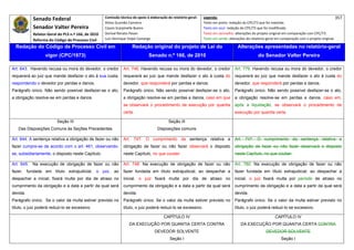 Senado Federal                            Comissão técnica de apoio à elaboração do relatório‐geral:    Legenda:                                                                            357 
                                                      Athos Gusmão Carneiro                                         Texto em preto: redação do CPC/73 que foi mantida. 
            Senador Valter Pereira                    Cassio Scarpinella Bueno                                      Texto em azul: redação do CPC/73 que foi modificada. 
            Relator‐Geral do PLS n.º 166, de 2010     Dorival Renato Pavan                                          Texto em vermelho: alterações do projeto original em comparação com CPC/73. 
            Reforma do Código de Processo Civil       Luiz Henrique Volpe Camargo                                   Texto em verde: alterações do relatório‐geral em comparação com o projeto original. 

    Redação do Código de Processo Civil em                             Redação original do projeto de Lei do                             Alterações apresentadas no relatório-geral
                   vigor (CPC/1973)                                              Senado n.º 166, de 2010                                              do Senador Valter Pereira
 




Art. 643. Havendo recusa ou mora do devedor, o credor            Art. 746. Havendo recusa ou mora do devedor, o credor                 Art. 779. Havendo recusa ou mora do devedor, o credor
requererá ao juiz que mande desfazer o ato à sua custa,          requererá ao juiz que mande desfazer o ato à custa do                 requererá ao juiz que mande desfazer o ato à custa do
respondendo o devedor por perdas e danos.                        devedor, que responderá por perdas e danos.                           devedor, que responderá por perdas e danos.
Parágrafo único. Não sendo possível desfazer-se o ato,           Parágrafo único. Não sendo possível desfazer-se o ato,                Parágrafo único. Não sendo possível desfazer-se o ato,
a obrigação resolve-se em perdas e danos.                        a obrigação resolve-se em perdas e danos, caso em que                 a obrigação resolve-se em perdas e danos, caso em,
                                                                 se observará o procedimento de execução por quantia                   após a liquidação, se observará o procedimento de
                                                                 certa.                                                                execução por quantia certa.

                         Seção III                                                            Seção III
     Das Disposições Comuns às Seções Precedentes                                      Disposições comuns

Art. 644. A sentença relativa a obrigação de fazer ou não        Art. 747. O cumprimento da sentença relativa a                        Art. 747. O cumprimento da sentença relativa a
fazer cumpre-se de acordo com o art. 461, observando-            obrigação de fazer ou não fazer observará o disposto                  obrigação de fazer ou não fazer observará o disposto
se, subsidiariamente, o disposto neste Capítulo.                 neste Capítulo, no que couber.                                        neste Capítulo, no que couber.

Art. 645. Na execução de obrigação de fazer ou não               Art. 748. Na execução de obrigação de fazer ou não                    Art. 780. Na execução de obrigação de fazer ou não
fazer, fundada em título extrajudicial, o juiz, ao               fazer fundada em título extrajudicial, ao despachar a                 fazer fundada em título extrajudicial, ao despachar a
despachar a inicial, fixará multa por dia de atraso no           inicial, o juiz fixará multa por dia de atraso no                     inicial, o juiz fixará multa por período de atraso no
cumprimento da obrigação e a data a partir da qual será          cumprimento da obrigação e a data a partir da qual será               cumprimento da obrigação e a data a partir da qual será
devida.                                                          devida.                                                               devida.
Parágrafo único. Se o valor da multa estiver previsto no         Parágrafo único. Se o valor da multa estiver previsto no              Parágrafo único. Se o valor da multa estiver previsto no
título, o juiz poderá reduzi-lo se excessivo.                    título, o juiz poderá reduzi-lo se excessivo.                         título, o juiz poderá reduzi-lo se excessivo.

                                                                                           CAPÍTULO IV                                                           CAPÍTULO IV
                                                                     DA EXECUÇÃO POR QUANTIA CERTA CONTRA                                  DA EXECUÇÃO POR QUANTIA CERTA CONTRA
                                                                                     DEVEDOR SOLVENTE                                                      DEVEDOR SOLVENTE
                                                                                               Seção I                                                              Seção I
 