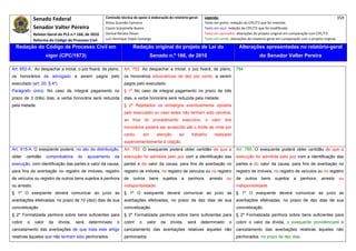 Senado Federal                          Comissão técnica de apoio à elaboração do relatório‐geral:     Legenda:                                                                            359 
                                                      Athos Gusmão Carneiro                                          Texto em preto: redação do CPC/73 que foi mantida. 
              Senador Valter Pereira                  Cassio Scarpinella Bueno                                       Texto em azul: redação do CPC/73 que foi modificada. 
            Relator‐Geral do PLS n.º 166, de 2010     Dorival Renato Pavan                                           Texto em vermelho: alterações do projeto original em comparação com CPC/73. 
              Reforma do Código de Processo Civil     Luiz Henrique Volpe Camargo                                    Texto em verde: alterações do relatório‐geral em comparação com o projeto original. 

    Redação do Código de Processo Civil em                             Redação original do projeto de Lei do                              Alterações apresentadas no relatório-geral
                      vigor (CPC/1973)                                              Senado n.º 166, de 2010                                            do Senador Valter Pereira
 




Art. 652-A. Ao despachar a inicial, o juiz fixará, de plano,     Art. 752. Ao despachar a inicial, o juiz fixará, de plano,             784
os honorários de advogado a serem pagos pelo                     os honorários advocatícios de dez por cento, a serem
executado (art. 20, § 4º).                                       pagos pelo executado.
Parágrafo único. No caso de integral pagamento no                § 1º No caso de integral pagamento no prazo de três
prazo de 3 (três) dias, a verba honorária será reduzida          dias, a verba honorária será reduzida pela metade.
pela metade.                                                     § 2º Rejeitados os embargos eventualmente opostos
                                                                 pelo executado ou caso estes não tenham sido opostos,
                                                                 ao final do procedimento executivo, o valor dos
                                                                 honorários poderá ser acrescido até o limite de vinte por
                                                                 cento,        em       atenção       ao    trabalho       realizado
                                                                 supervenientemente à citação.
Art. 615-A. O exeqüente poderá, no ato da distribuição,          Art. 753. O exequente poderá obter certidão de que a                   Art. 785. O exequente poderá obter certidão de que a
obter    certidão     comprobatória    do    ajuizamento   da    execução foi admitida pelo juiz com a identificação das                execução foi admitida pelo juiz com a identificação das
execução, com identificação das partes e valor da causa,         partes e do valor da causa, para fins de averbação no                  partes e do valor da causa, para fins de averbação no
para fins de averbação no registro de imóveis, registro          registro de imóveis, no registro de veículos ou no registro            registro de imóveis, no registro de veículos ou no registro
de veículos ou registro de outros bens sujeitos à penhora        de    outros       bens   sujeitos   a    penhora,     arresto    ou   de    outros    bens     sujeitos   a    penhora,     arresto    ou
ou arresto.                                                      indisponibilidade.                                                     indisponibilidade.
§ 1º O exeqüente deverá comunicar ao juízo as                    § 1º O exequente deverá comunicar ao juízo as                          § 1º O exequente deverá comunicar ao juízo as
averbações efetivadas, no prazo de 10 (dez) dias de sua          averbações efetivadas, no prazo de dez dias de sua                     averbações efetivadas, no prazo de dez dias de sua
concretização                                                    concretização.                                                         concretização.
§ 2º Formalizada penhora sobre bens suficientes para             § 2º Formalizada penhora sobre bens suficientes para                   § 2º Formalizada penhora sobre bens suficientes para
cobrir   o    valor    da   dívida,   será   determinado     o   cobrir    o    valor      da   dívida,    será     determinado     o   cobrir o valor da dívida, o exequente providenciará o
cancelamento das averbações de que trata este artigo             cancelamento das averbações relativas àqueles não                      cancelamento das averbações relativas àqueles não
relativas àqueles que não tenham sido penhorados.                penhorados.                                                            penhorados, no prazo de dez dias.
 