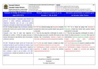 Senado Federal                            Comissão técnica de apoio à elaboração do relatório‐geral:    Legenda:                                                                            361 
                                                       Athos Gusmão Carneiro                                         Texto em preto: redação do CPC/73 que foi mantida. 
             Senador Valter Pereira                    Cassio Scarpinella Bueno                                      Texto em azul: redação do CPC/73 que foi modificada. 
             Relator‐Geral do PLS n.º 166, de 2010     Dorival Renato Pavan                                          Texto em vermelho: alterações do projeto original em comparação com CPC/73. 
             Reforma do Código de Processo Civil       Luiz Henrique Volpe Camargo                                   Texto em verde: alterações do relatório‐geral em comparação com o projeto original. 

    Redação do Código de Processo Civil em                              Redação original do projeto de Lei do                             Alterações apresentadas no relatório-geral
                    vigor (CPC/1973)                                              Senado n.º 166, de 2010                                              do Senador Valter Pereira
 




§ 5º Se não localizar o executado para intimá-lo da
penhora,     o   oficial   certificará   detalhadamente     as
diligências realizadas, caso em que o juiz poderá
dispensar a intimação ou determinará novas diligências.
Art. 653. O oficial de justiça, não encontrando o devedor,        Art. 755. Se o oficial de justiça não encontrar o devedor,            Art. 787. Se o oficial de justiça não encontrar o
arrestar-lhe-á tantos bens quantos bastem para garantir           arrestar-lhe-á tantos bens quantos bastem para garantir               executado, arrestar-lhe-á tantos bens quantos bastem
a execução.                                                       a execução.                                                           para garantir a execução.
Parágrafo único. Nos 10 (dez) dias seguintes à                    § 1º Nos dez dias seguintes à efetivação do arresto, o                § 1º Nos dez dias seguintes à efetivação do arresto, o
efetivação do arresto, o oficial de justiça procurará o           oficial de justiça procurará o devedor três vezes em dias             oficial de justiça procurará o executado três vezes em
devedor três vezes em dias distintos; não o encontrando,          distintos; não o encontrando, realizará a citação com                 dias distintos; havendo suspeita de ocultação, realizará a
certificará o ocorrido.                                           hora certa, certificando pormenorizadamente o ocorrido.               citação         com         hora        certa,        certificando
                                                                                                                                        pormenorizadamente o ocorrido.
Art. 654. Compete ao credor, dentro de 10 (dez) dias,             § 2º Incumbe ao credor requerer a citação por edital,                 § 2º Incumbe ao exequente requerer a citação por edital,
contados da data em que foi intimado do arresto a que             uma vez frustradas a pessoal e a com hora certa.                      uma vez frustradas a pessoal e a com hora certa.
se refere o parágrafo único do artigo anterior, requerer a        § 3º Aperfeiçoada a citação e transcorrido o prazo de                 § 3º Aperfeiçoada a citação e transcorrido o prazo de
citação por edital do devedor. Findo o prazo do edital,           pagamento, o arresto se converterá em penhora,                        pagamento, o arresto se converterá em penhora,
terá o devedor o prazo a que se refere o art. 652,                independentemente de termo.                                           independentemente de termo.
convertendo-se o arresto em penhora em caso de não-
pagamento.
                                                                                               Seção III
                                                                            Da penhora, do depósito e da avaliação
                                                                                             Subseção I
                                                                                       Do objeto da penhora
 