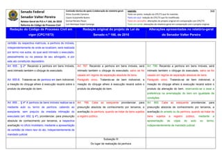Senado Federal                            Comissão técnica de apoio à elaboração do relatório‐geral:    Legenda:                                                                            368 
                                                     Athos Gusmão Carneiro                                         Texto em preto: redação do CPC/73 que foi mantida. 
           Senador Valter Pereira                    Cassio Scarpinella Bueno                                      Texto em azul: redação do CPC/73 que foi modificada. 
           Relator‐Geral do PLS n.º 166, de 2010     Dorival Renato Pavan                                          Texto em vermelho: alterações do projeto original em comparação com CPC/73. 
           Reforma do Código de Processo Civil       Luiz Henrique Volpe Camargo                                   Texto em verde: alterações do relatório‐geral em comparação com o projeto original. 

    Redação do Código de Processo Civil em                             Redação original do projeto de Lei do                            Alterações apresentadas no relatório-geral
                    vigor (CPC/1973)                                            Senado n.º 166, de 2010                                              do Senador Valter Pereira
 




certidão da respectiva matrícula, a penhora de imóveis,
independentemente de onde se localizem, será realizada
por termo nos autos, do qual será intimado o executado,
pessoalmente ou na pessoa de seu advogado, e por
este ato constituído depositário.
Art. 655... § 2º Recaindo a penhora em bens imóveis,            Art. 767. Recaindo a penhora em bens imóveis, será                    Art. 799. Recaindo a penhora em bens imóveis, será
será intimado também o cônjuge do executado.                    intimado também o cônjuge do executado, salvo se for                  intimado também o cônjuge do executado, salvo se for
                                                                casado em regime de separação absoluta de bens.                       casado em regime de separação absoluta de bens.
Art. 655-B. Tratando-se de penhora em bem indivisível,          Parágrafo único. Tratando-se de bem indivisível, a                    Parágrafo único. Tratando-se de bem indivisível, a
a meação do cônjuge alheio à execução recairá sobre o           meação do cônjuge alheio à execução recairá sobre o                   meação do cônjuge alheio à execução recairá sobre o
produto da alienação do bem.                                    produto da alienação do bem.                                          produto da alienação do bem, reservando-se a esse a
                                                                                                                                      preferência na arrematação do bem em igualdade de
                                                                                                                                      condições.
Art. 659.... § 4º A penhora de bens imóveis realizar-se-á       Art.   768.    Cabe     ao    exequente      providenciar, para       Art. 800. Cabe            ao     exequente     providenciar, para
mediante auto ou termo de penhora, cabendo ao                   presunção absoluta de conhecimento por terceiros, a                   presunção absoluta de conhecimento por terceiros, a
exeqüente, sem prejuízo da imediata intimação do                averbação da penhora, quando se tratar de bens sujeitos               averbação do arresto ou da penhora, quando se tratar de
executado (art. 652, § 4º), providenciar, para presunção        a registro público.                                                   bens     sujeitos     a        registro    público,   mediante    a
absoluta de conhecimento por terceiros, a respectiva                                                                                  apresentação        de         cópia      do   auto    ou   termo,
averbação no ofício imobiliário, mediante a apresentação                                                                              independentemente de mandado judicial.
de certidão de inteiro teor do ato, independentemente de
mandado judicial.
                                                                                           Subseção III
                                                                              Do lugar de realização da penhora
 