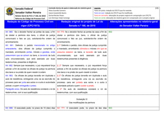Senado Federal                            Comissão técnica de apoio à elaboração do relatório‐geral:    Legenda:                                                                            370 
                                                      Athos Gusmão Carneiro                                         Texto em preto: redação do CPC/73 que foi mantida. 
            Senador Valter Pereira                    Cassio Scarpinella Bueno                                      Texto em azul: redação do CPC/73 que foi modificada. 
            Relator‐Geral do PLS n.º 166, de 2010     Dorival Renato Pavan                                          Texto em vermelho: alterações do projeto original em comparação com CPC/73. 
            Reforma do Código de Processo Civil       Luiz Henrique Volpe Camargo                                   Texto em verde: alterações do relatório‐geral em comparação com o projeto original. 

    Redação do Código de Processo Civil em                             Redação original do projeto de Lei do                             Alterações apresentadas no relatório-geral
                   vigor (CPC/1973)                                              Senado n.º 166, de 2010                                              do Senador Valter Pereira
 




Art. 660. Se o devedor fechar as portas da casa, a fim           Art. 770. Se o devedor fechar as portas da casa a fim de              802
de obstar a penhora dos bens, o oficial de justiça               obstar a penhora dos bens, o oficial de justiça
comunicará o fato ao juiz, solicitando-lhe ordem de              comunicará o fato ao juiz, solicitando-lhe ordem de
arrombamento.                                                    arrombamento.
Art. 661. Deferido o pedido mencionado no artigo                 § 1º Deferido o pedido, dois oficiais de justiça cumprirão
antecedente, dois oficiais de justiça cumprirão o                o mandado, arrombando cômodos e móveis em que se
mandado, arrombando portas, móveis e gavetas, onde               presuma estarem os bens, e lavrarão de tudo auto
presumirem que se achem os bens, e lavrando de tudo              circunstanciado,       que     será     assinado      por     duas
auto circunstanciado, que será assinado por duas                 testemunhas presentes à diligência.
testemunhas, presentes à diligência.
Art. 662. Sempre que necessário, o juiz requisitará força        § 2º Sempre que necessário, o juiz requisitará força
policial, a fim de auxiliar os oficiais de justiça na penhora    policial, a fim de auxiliar os oficiais de justiça na penhora
dos bens e na prisão de quem resistir à ordem.                   dos bens e na prisão de quem resistir à ordem.
Art. 663. Os oficiais de justiça lavrarão em duplicata o         § 3º Os oficiais de justiça lavrarão em duplicata o auto
auto de resistência, entregando uma via ao escrivão do           de resistência, entregando uma via ao escrivão do
processo para ser junta aos autos e a outra à autoridade         processo, para ser juntada aos autos, e a outra à
policial, a quem entregarão o preso.                             autoridade policial a quem couber a prisão.
Parágrafo único. Do auto de resistência constará o rol de        § 4º Do auto de resistência constará o rol de
testemunhas, com a sua qualificação.                             testemunhas, com sua qualificação


                                                                                           Subseção IV
                                                                                 Das modificações da penhora

Art. 668. O executado pode, no prazo de 10 (dez) dias            Art. 771. O executado pode, no prazo de dez dias                      803
 
