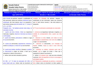 Senado Federal                            Comissão técnica de apoio à elaboração do relatório‐geral:    Legenda:                                                                            371 
                                                      Athos Gusmão Carneiro                                         Texto em preto: redação do CPC/73 que foi mantida. 
            Senador Valter Pereira                    Cassio Scarpinella Bueno                                      Texto em azul: redação do CPC/73 que foi modificada. 
            Relator‐Geral do PLS n.º 166, de 2010     Dorival Renato Pavan                                          Texto em vermelho: alterações do projeto original em comparação com CPC/73. 
            Reforma do Código de Processo Civil       Luiz Henrique Volpe Camargo                                   Texto em verde: alterações do relatório‐geral em comparação com o projeto original. 

    Redação do Código de Processo Civil em                             Redação original do projeto de Lei do                             Alterações apresentadas no relatório-geral
                     vigor (CPC/1973)                                            Senado n.º 166, de 2010                                              do Senador Valter Pereira
 




após intimado da penhora, requerer a substituição do             contados      da    intimação     da    penhora,     requerer     a
bem penhorado, desde que comprove cabalmente que a               substituição do bem penhorado, desde que comprove
substituição não trará prejuízo algum ao exeqüente e             que lhe será menos onerosa e não trará prejuízo ao
será menos onerosa para ele devedor (art. 17, incisos IV         exequente.
e VI, e art. 620).
Parágrafo único. Na hipótese prevista neste artigo, ao           § 1º O juiz só autorizará a substituição se o executado:
executado incumbe:
I - quanto aos bens imóveis, indicar as respectivas              I - comprovar as respectivas matrículas e registros, por
matrículas e registros, situá-los e mencionar as divisas e       certidão do correspondente ofício, quanto aos bens
confrontações;                                                   imóveis;
II - quanto aos móveis, particularizar o estado e o lugar        II - descrever os bens móveis, com todas as suas
em que se encontram;                                             propriedades e características, bem como seu estado e
                                                                 o lugar onde se encontram;
III - quanto aos semoventes, especificá-los, indicando o         III - descrever os semoventes, com indicação de
número de cabeças e o imóvel em que se encontram;                espécie, número, marca ou sinal e local onde se
                                                                 encontram;
IV - quanto aos créditos, identificar o devedor e qualificá-     IV - identificar os créditos, indicando quem seja o
lo, descrevendo a origem da dívida, o título que a               devedor, qual a origem da dívida, o título que a
representa e a data do vencimento; e                             representa e a data do vencimento; e
V - atribuir valor aos bens indicados à penhora.                 V - atribuir, em qualquer caso, valor aos bens indicados
                                                                 à penhora, além de especificar os ônus e os encargos a
                                                                 que estejam sujeitos.
Art. 656... § 1º É dever do executado (Art. 600), no             § 2º Requerida a substituição da penhora, o executado
prazo fixado pelo juiz, indicar onde se encontram os             deve indicar onde se encontram os bens sujeitos à
 